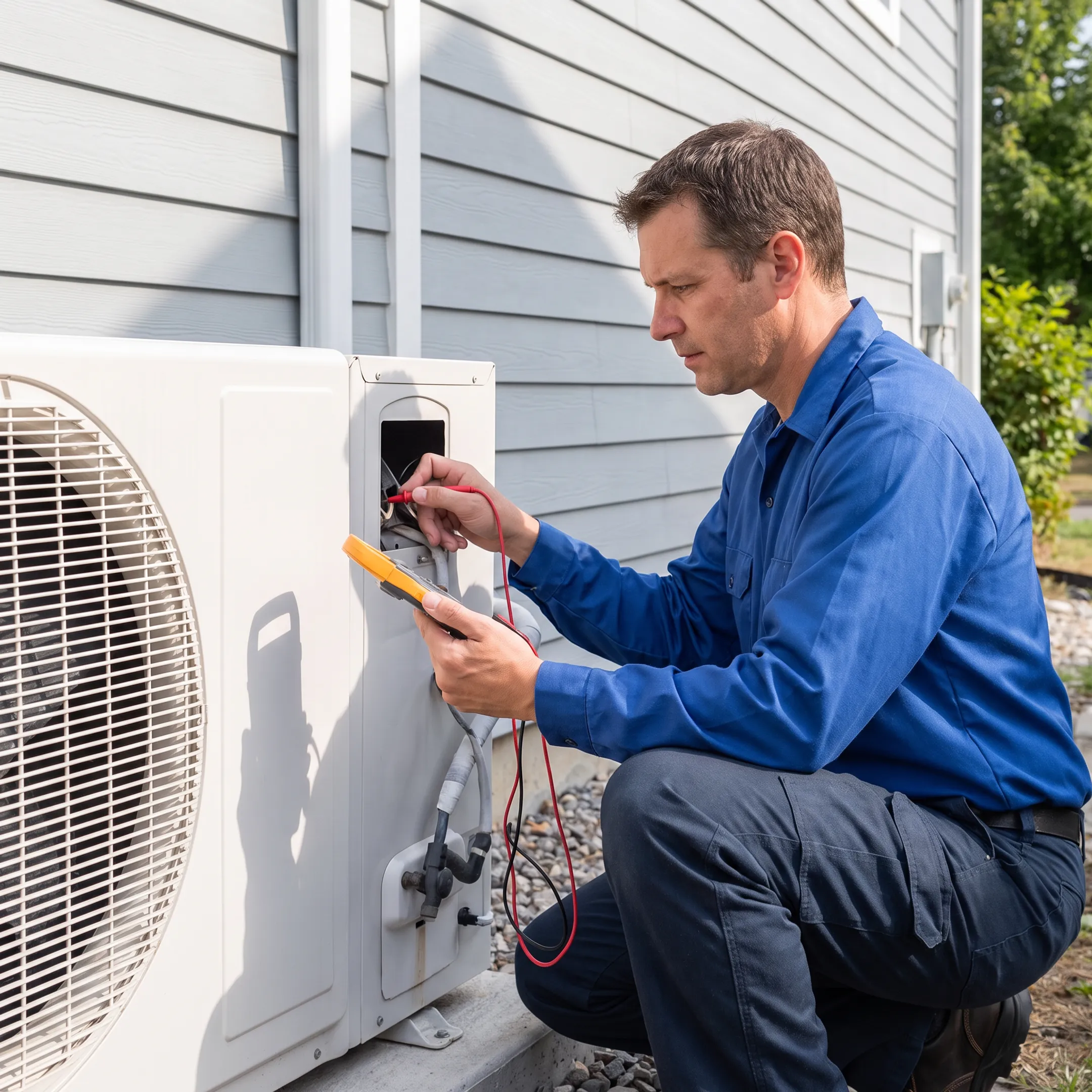 HVAC technician inspecting an outdoor air conditioner