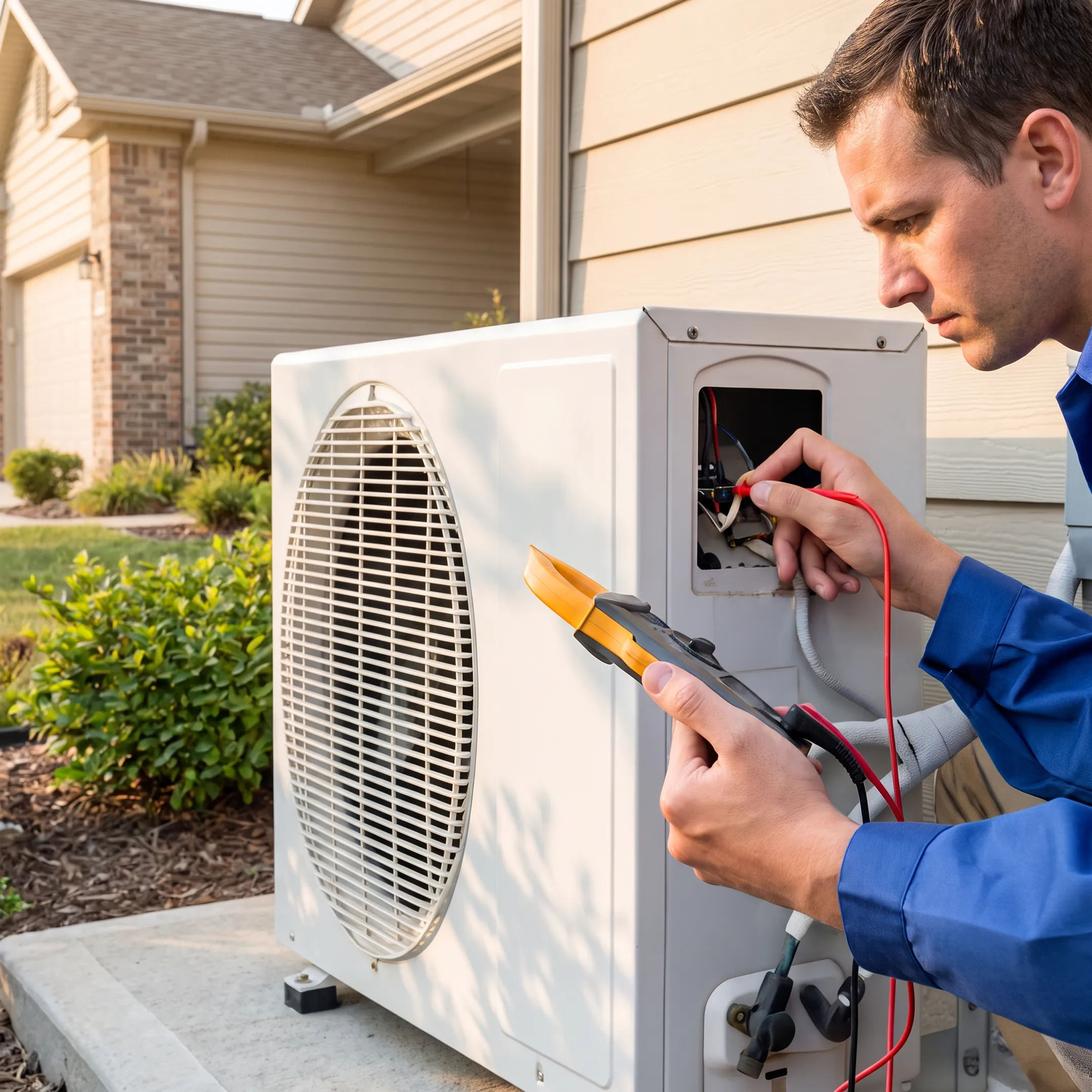 HVAC technician inspecting a home air conditioning system