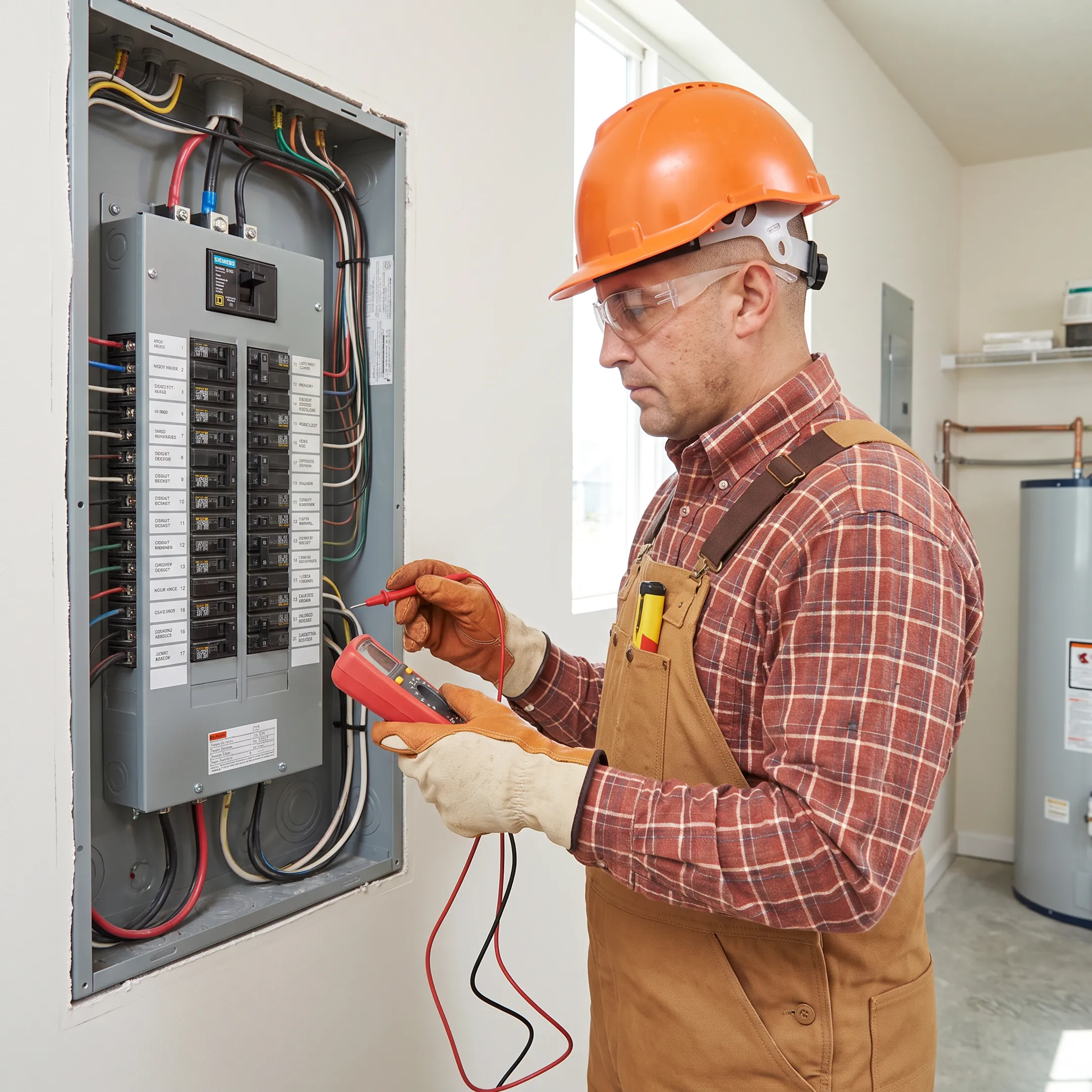 Electrician inspecting a residential electrical panel