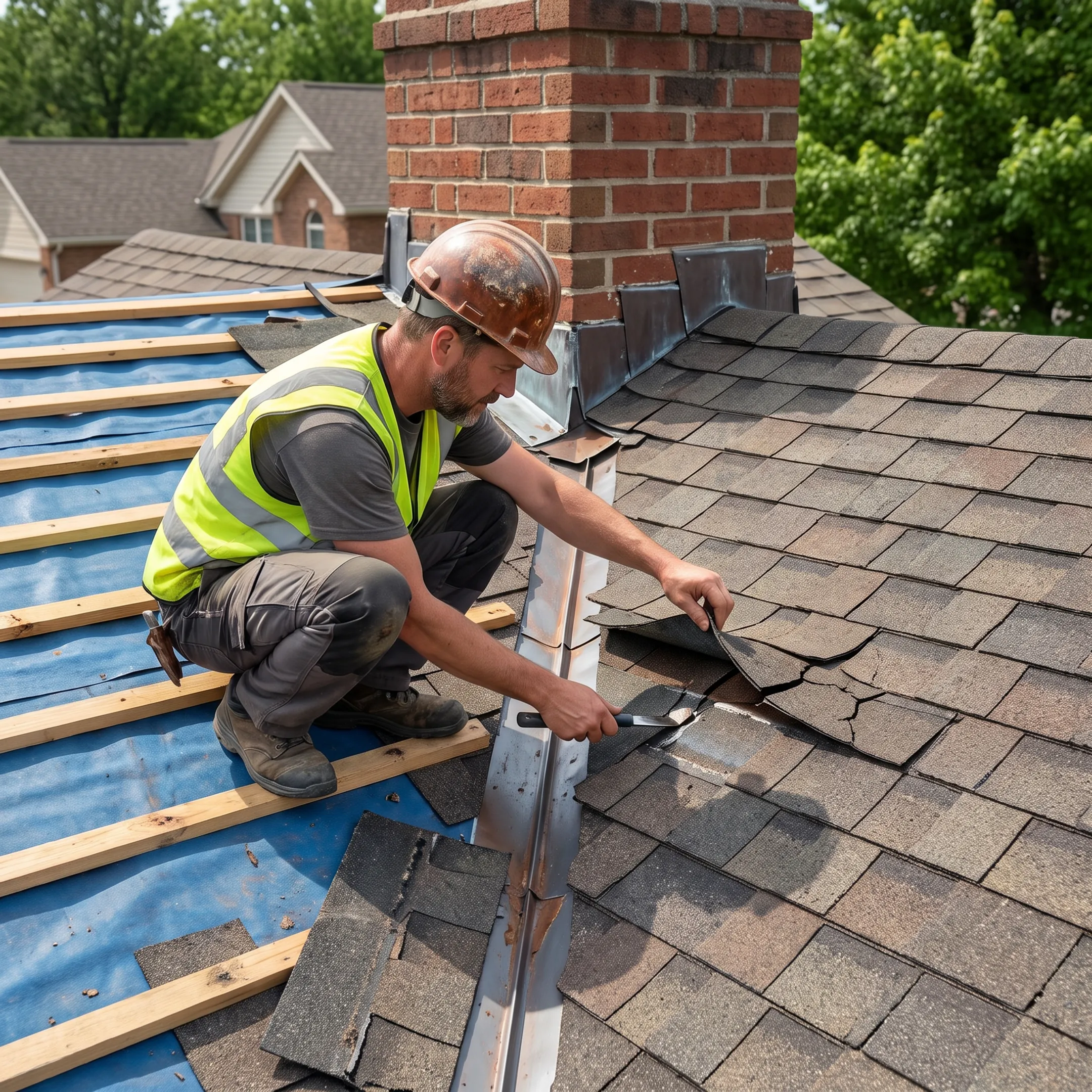 Roofer inspecting a residential roof leak