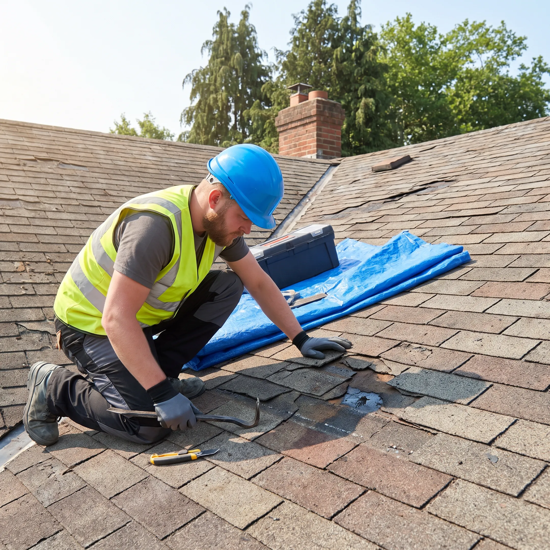 Roofer inspecting an active roof leak