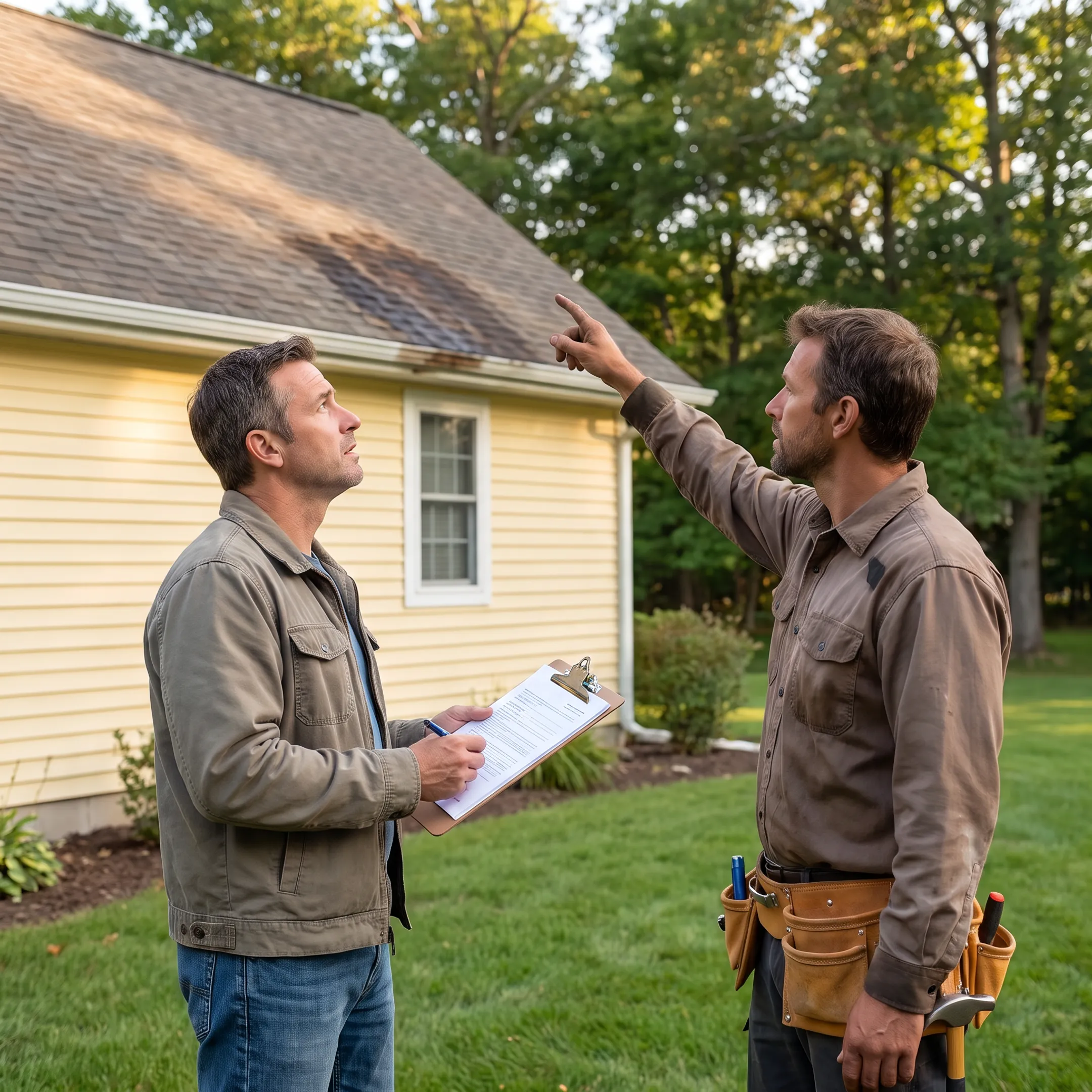 Homeowner discussing roof leak repair options