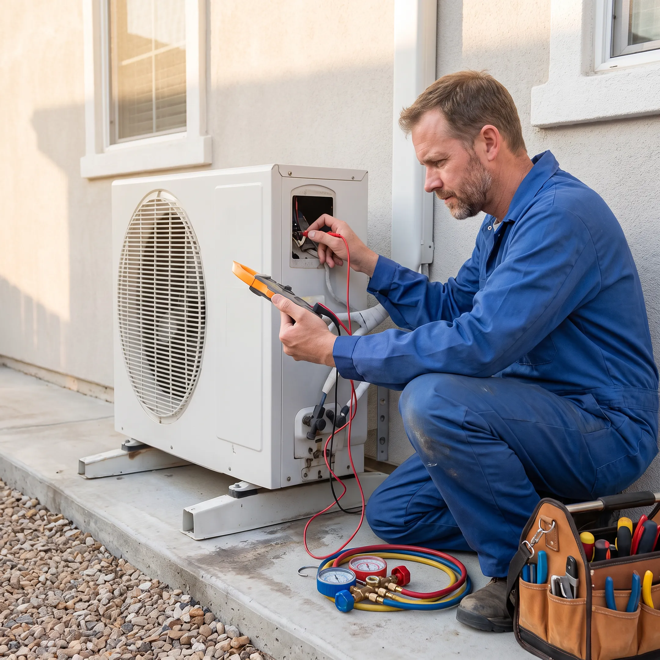 HVAC technician servicing an outdoor air conditioning unit
