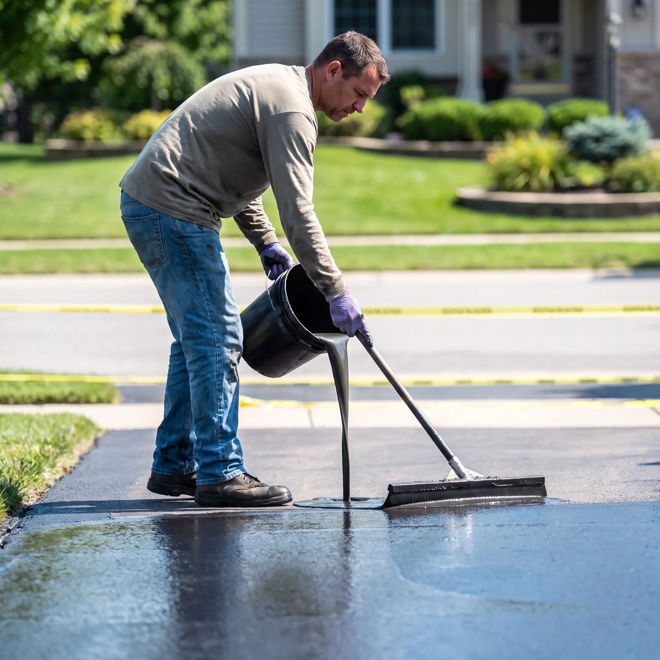 Contractor sealcoating a residential asphalt driveway