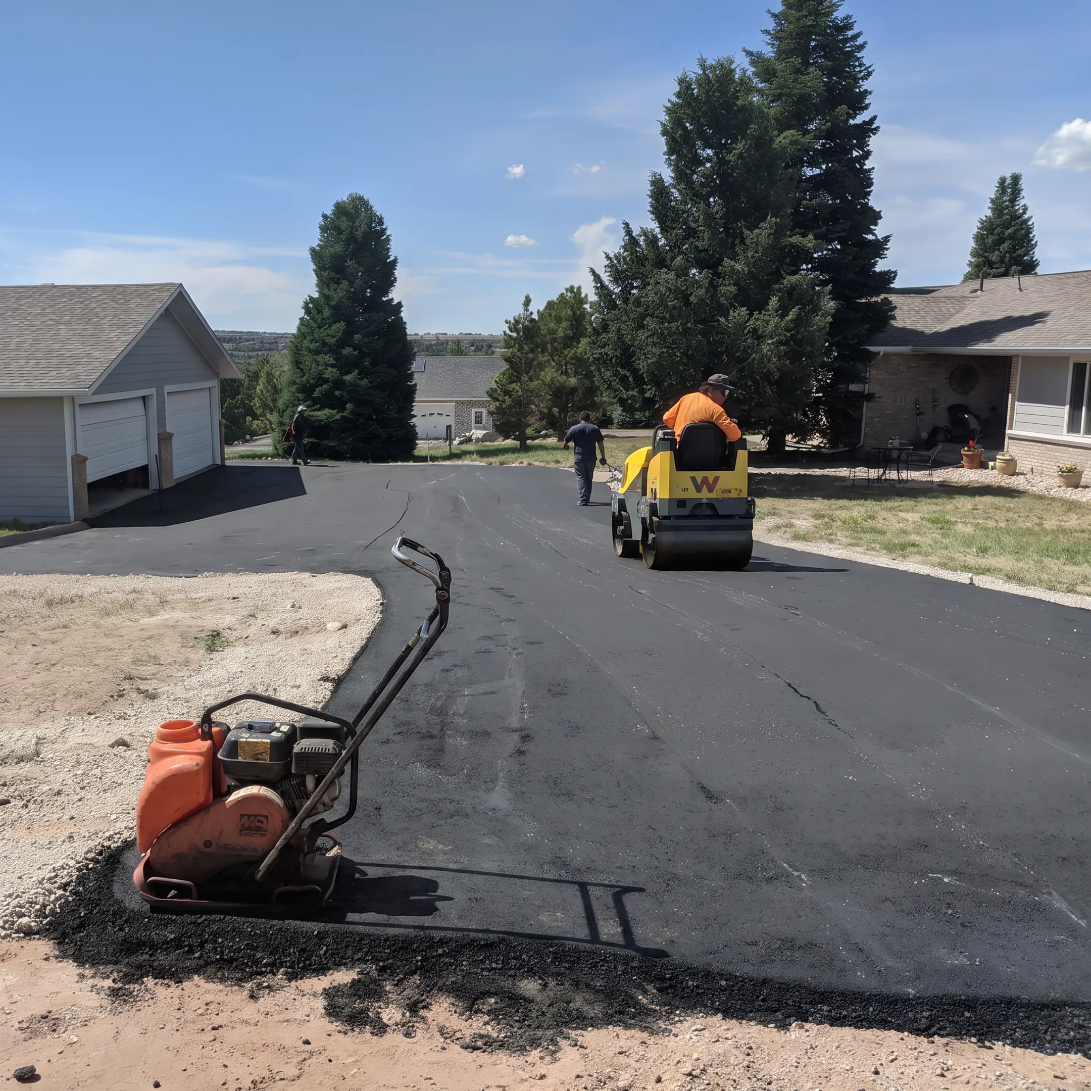 Freshly sealed residential asphalt driveway