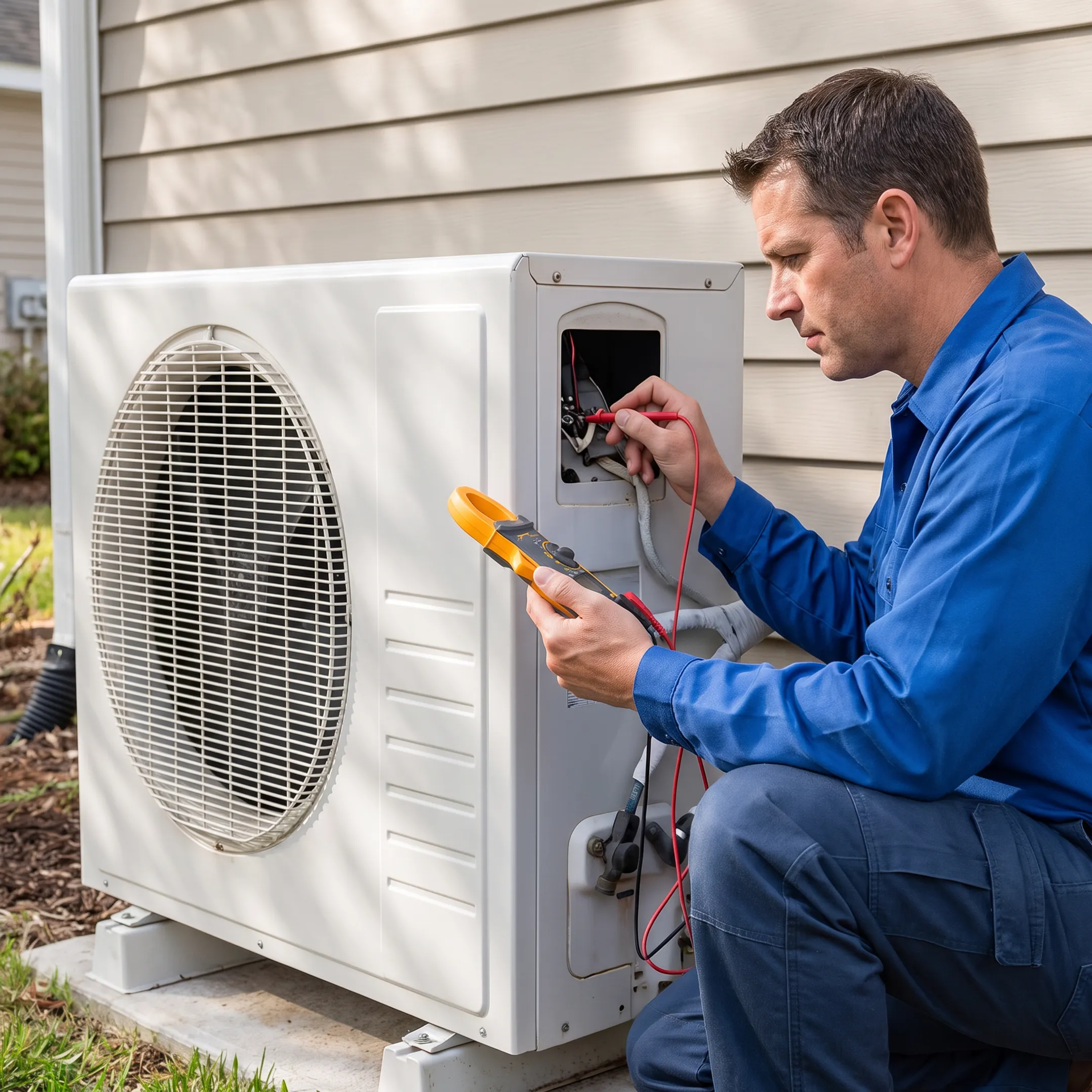 HVAC technician servicing a home air conditioning unit