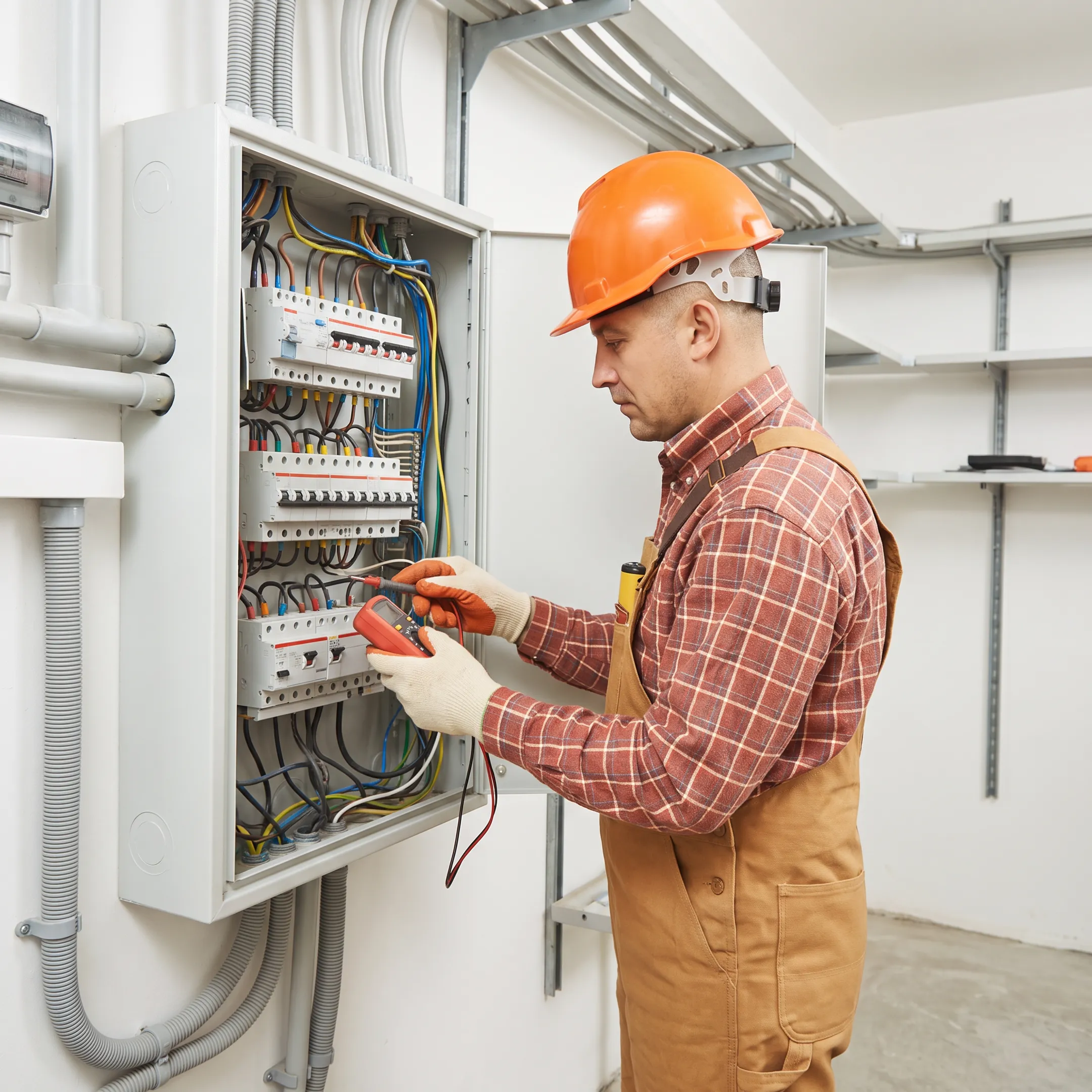 Electrician inspecting a residential electrical panel