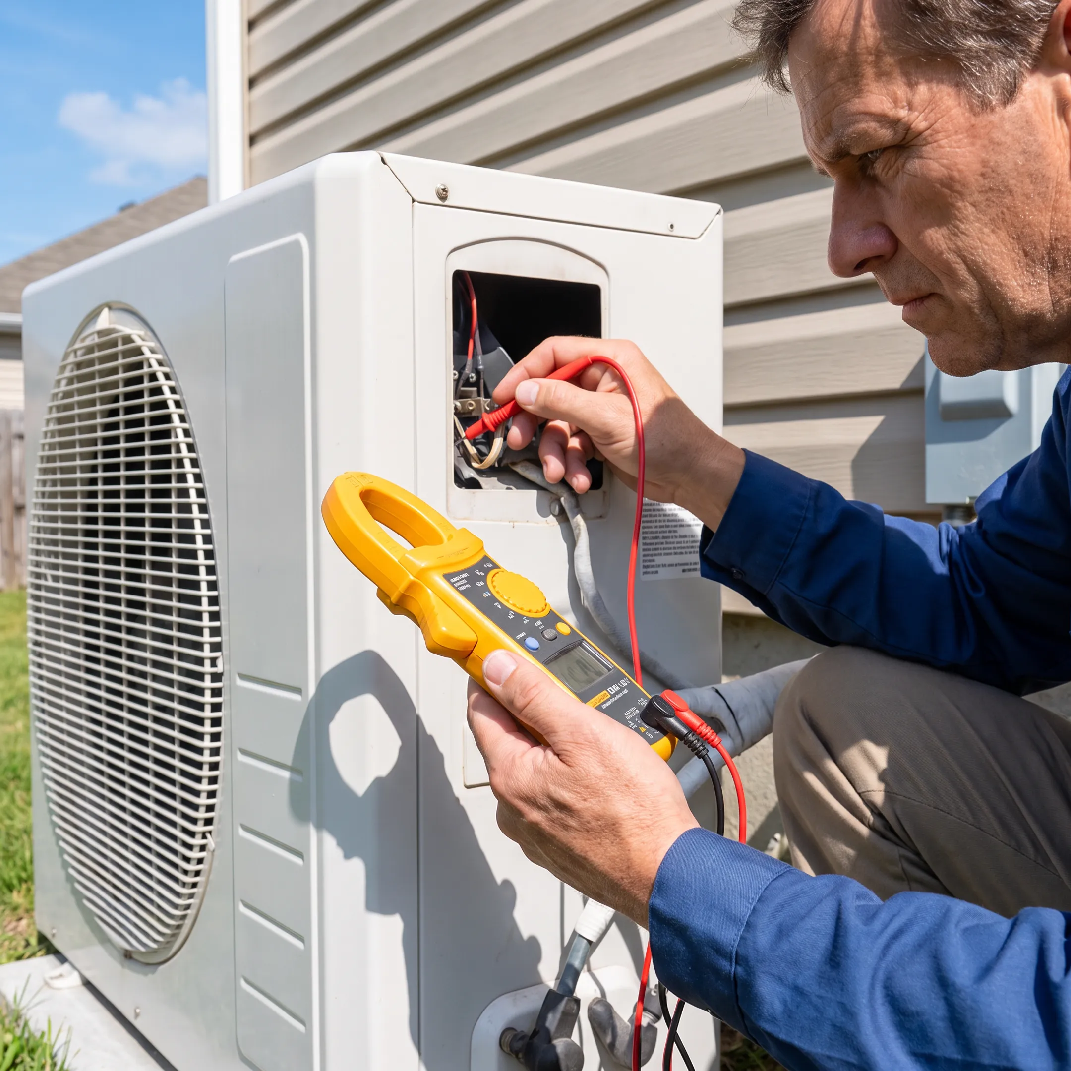 Technician servicing a residential air conditioning system