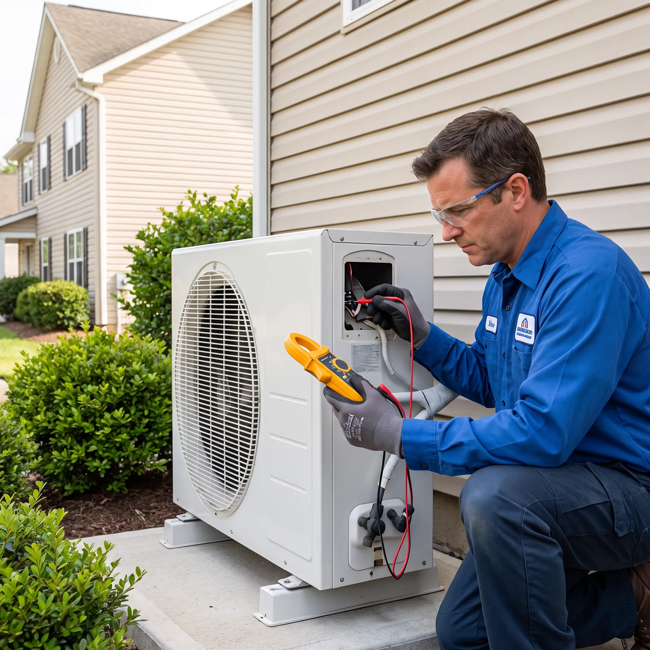 HVAC technician servicing a home air conditioner