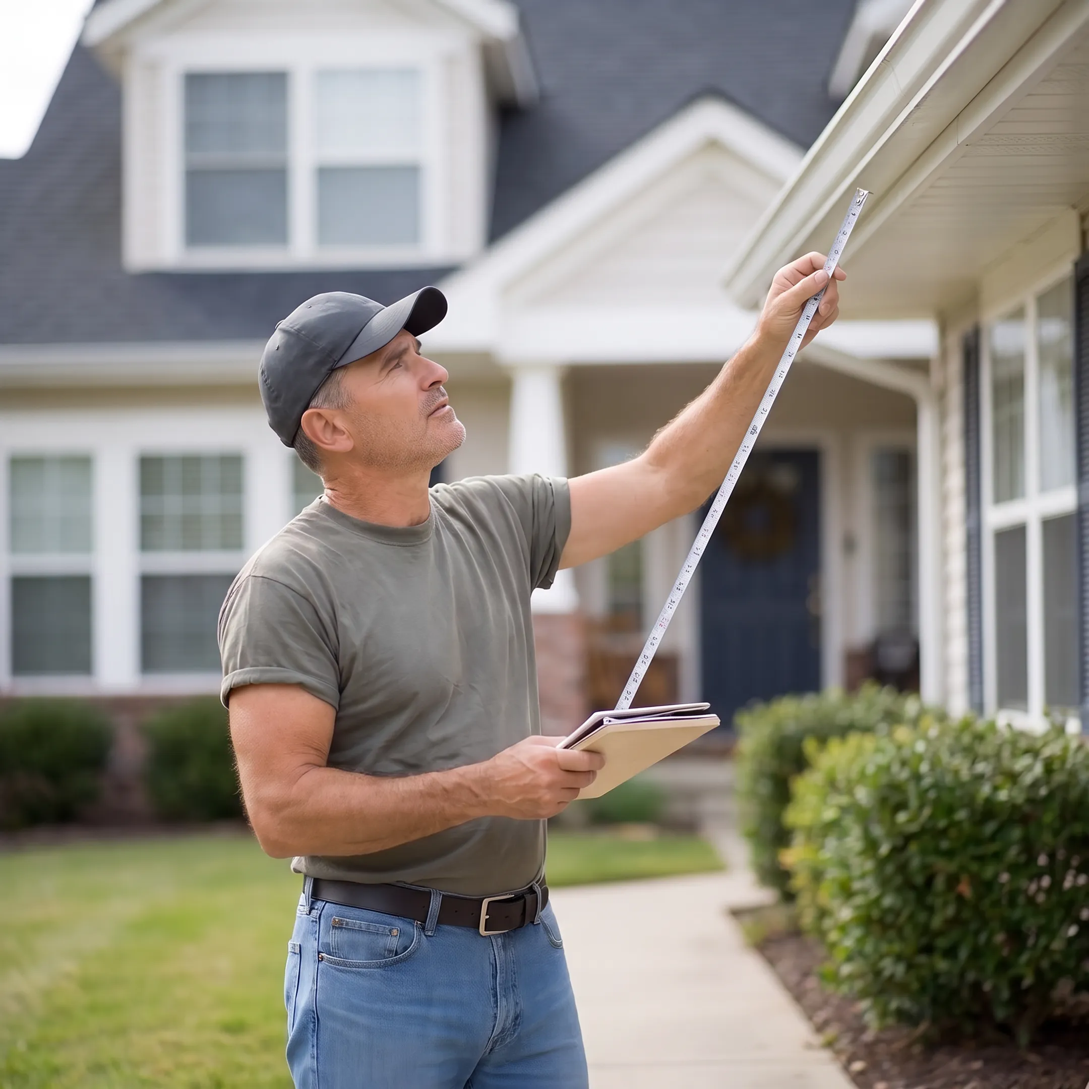 Contractor measuring a home for seamless gutters