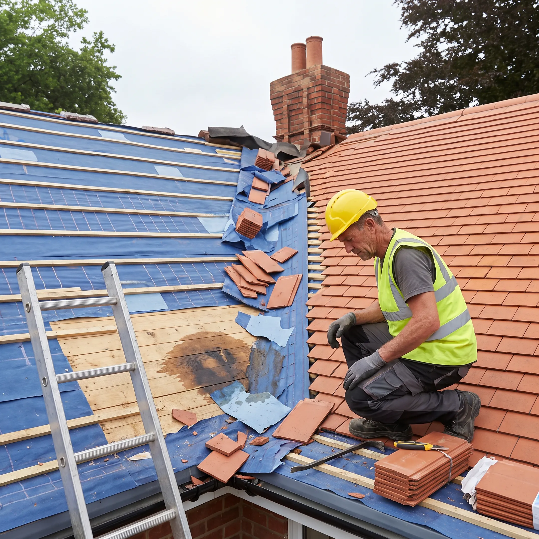 Roofer assessing storm-damaged roof