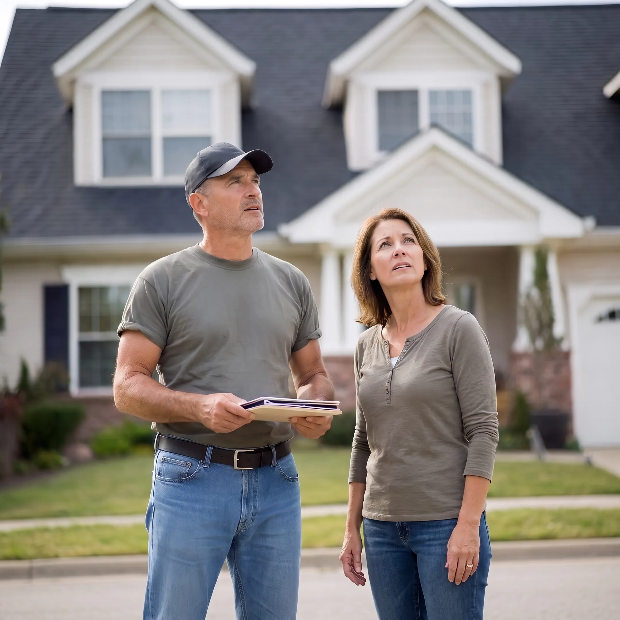 Homeowner discussing roof damage with roofer