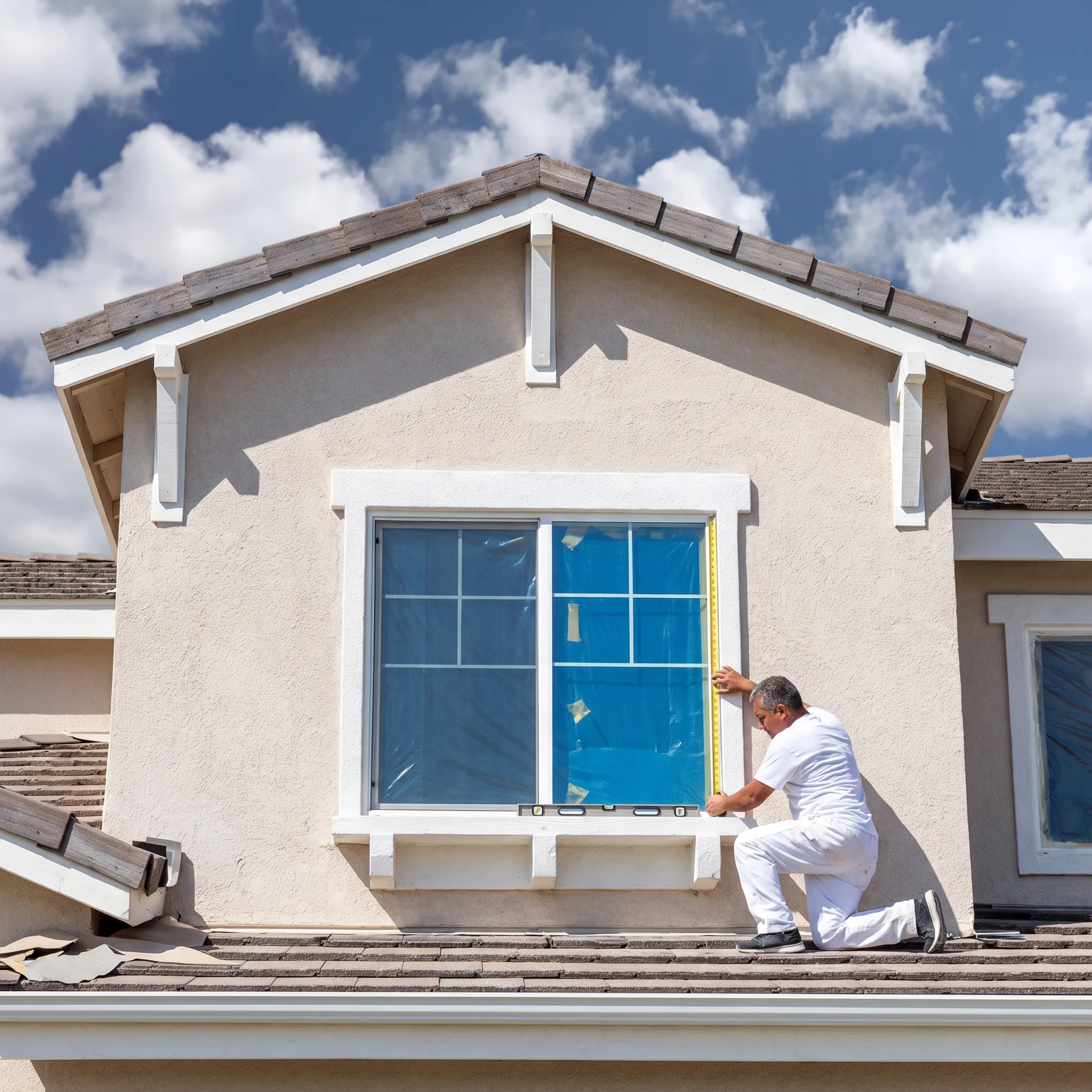 Contractor inspecting a home's window