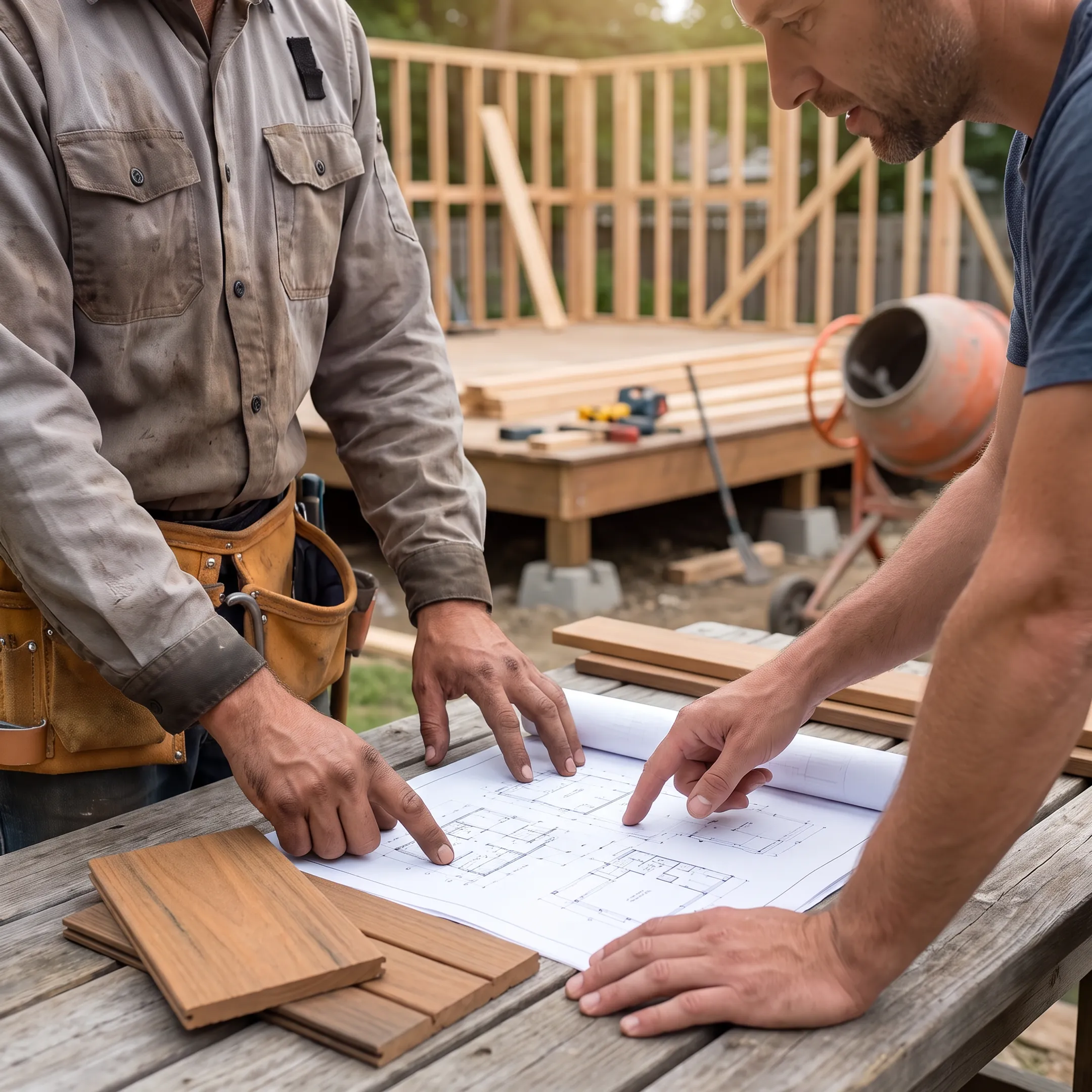 Homeowner discussing deck plans with a contractor