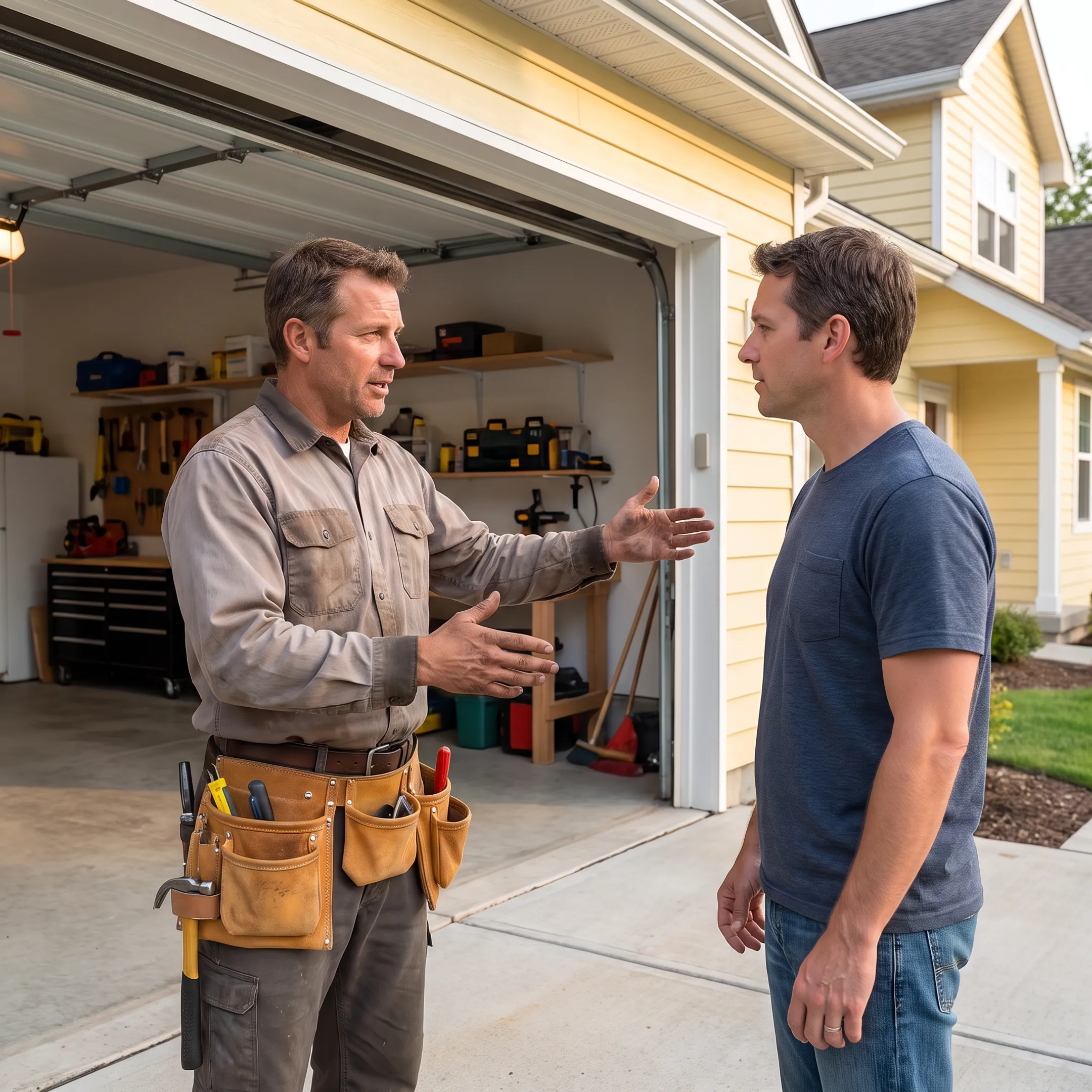 Homeowner discussing garage door repair options