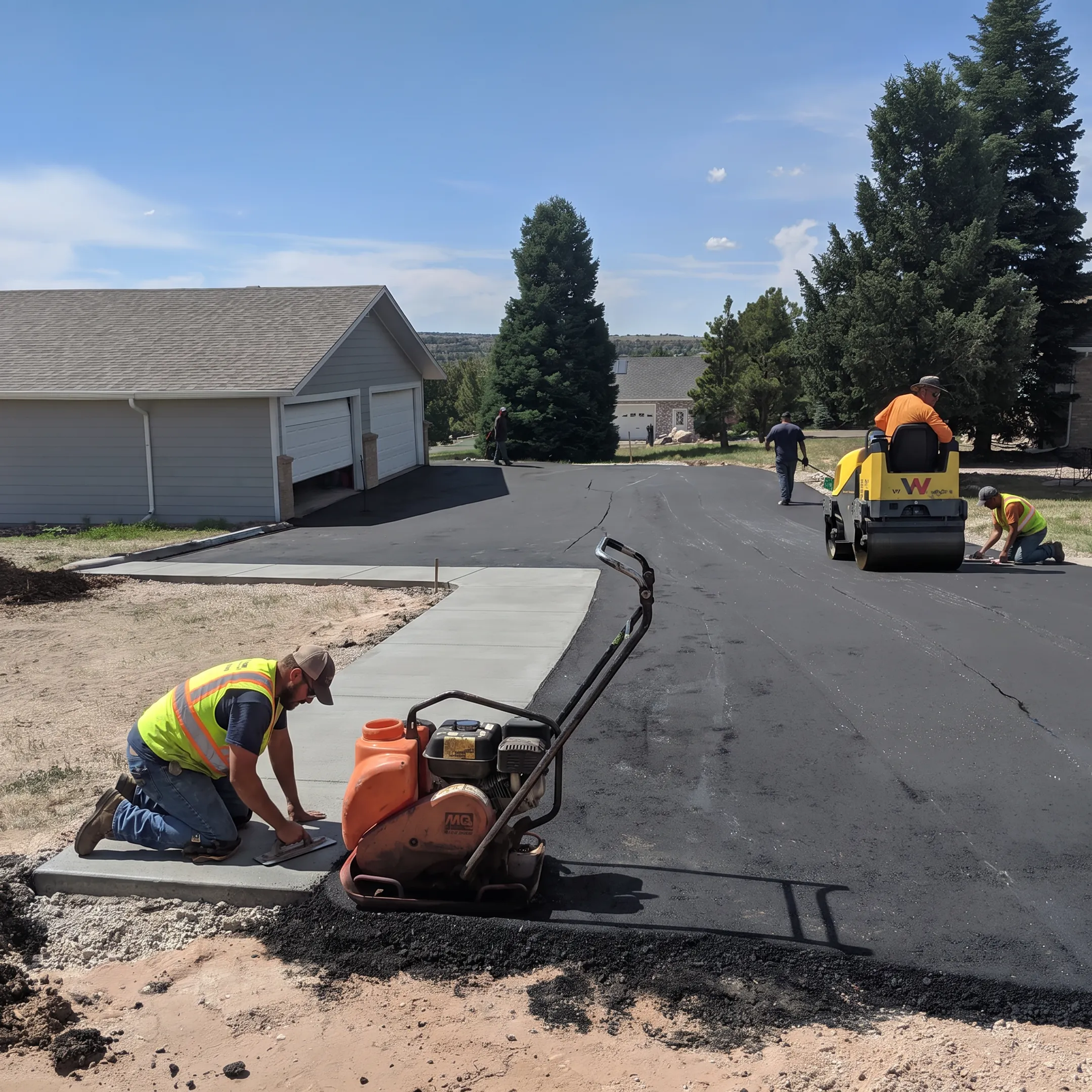 Fresh asphalt driveway beside a concrete walkway