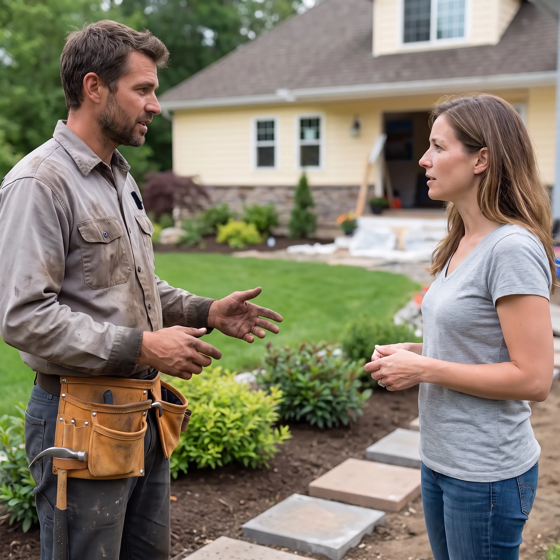 Homeowner discussing backyard landscaping plans with contractor