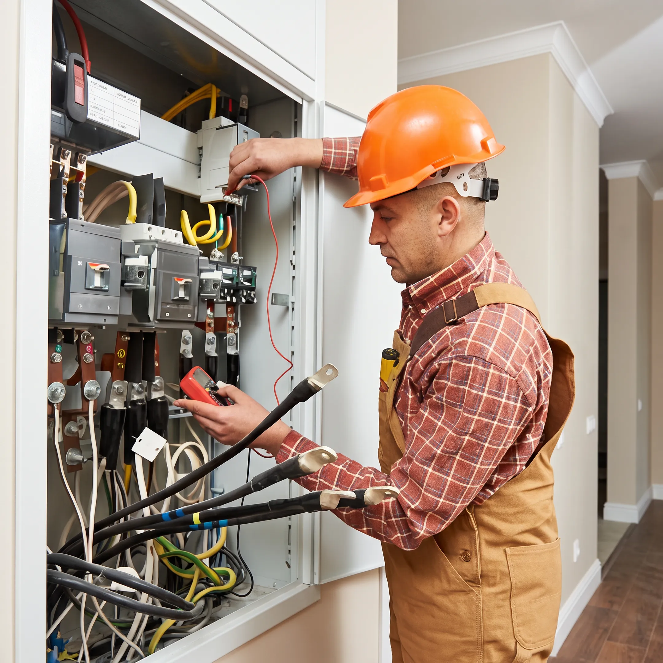 Electrician inspecting a residential electrical panel