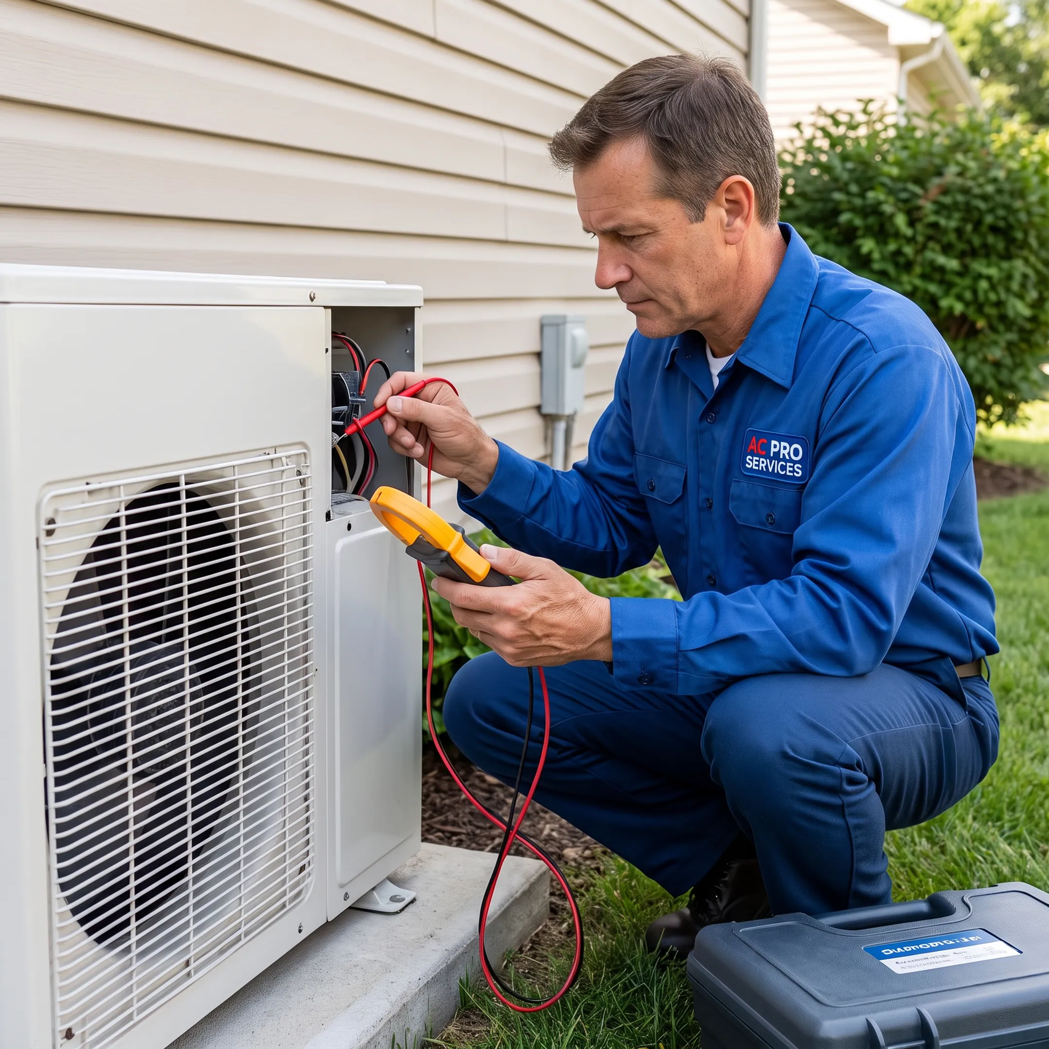 HVAC technician inspecting a residential outdoor unit