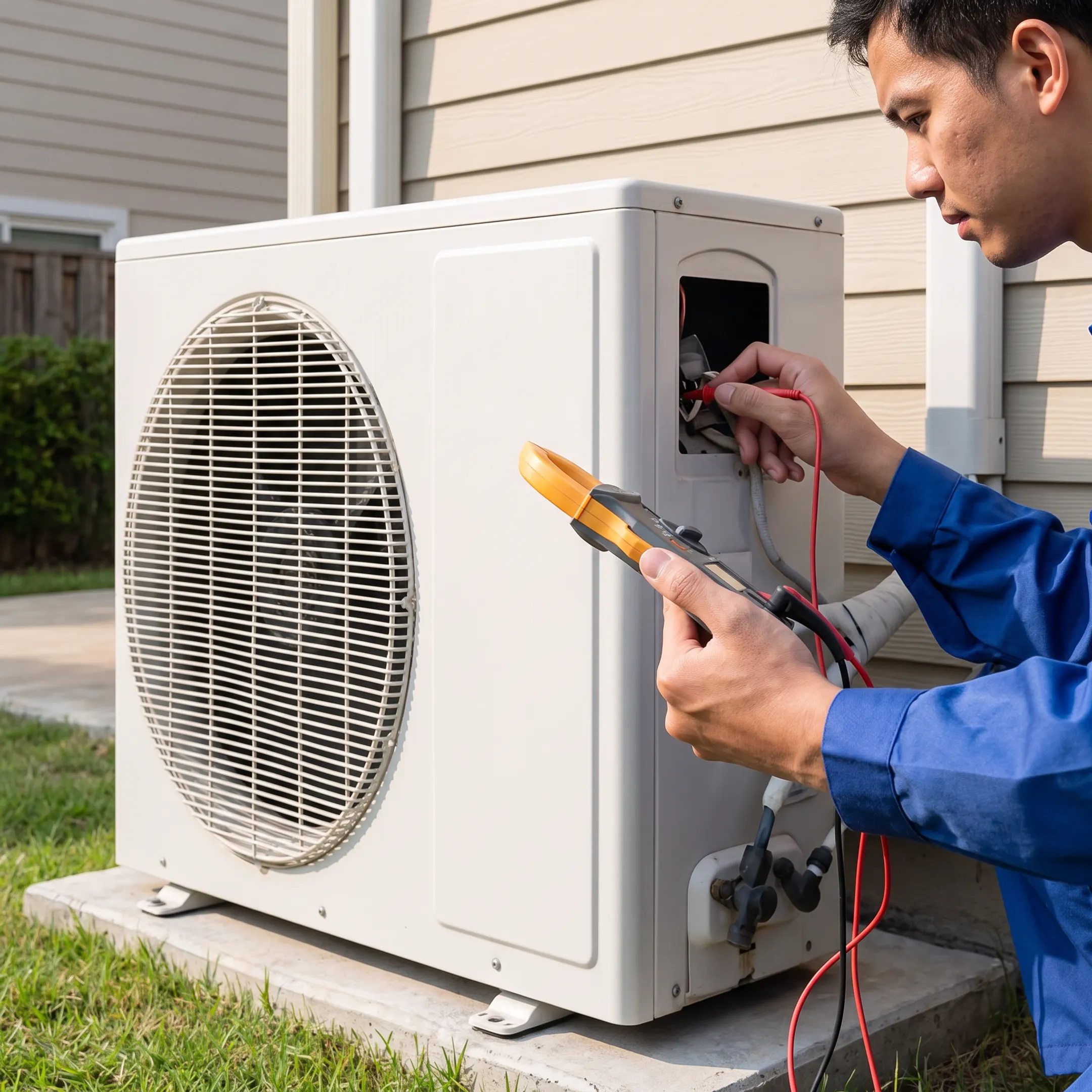 HVAC technician inspecting a residential air conditioner