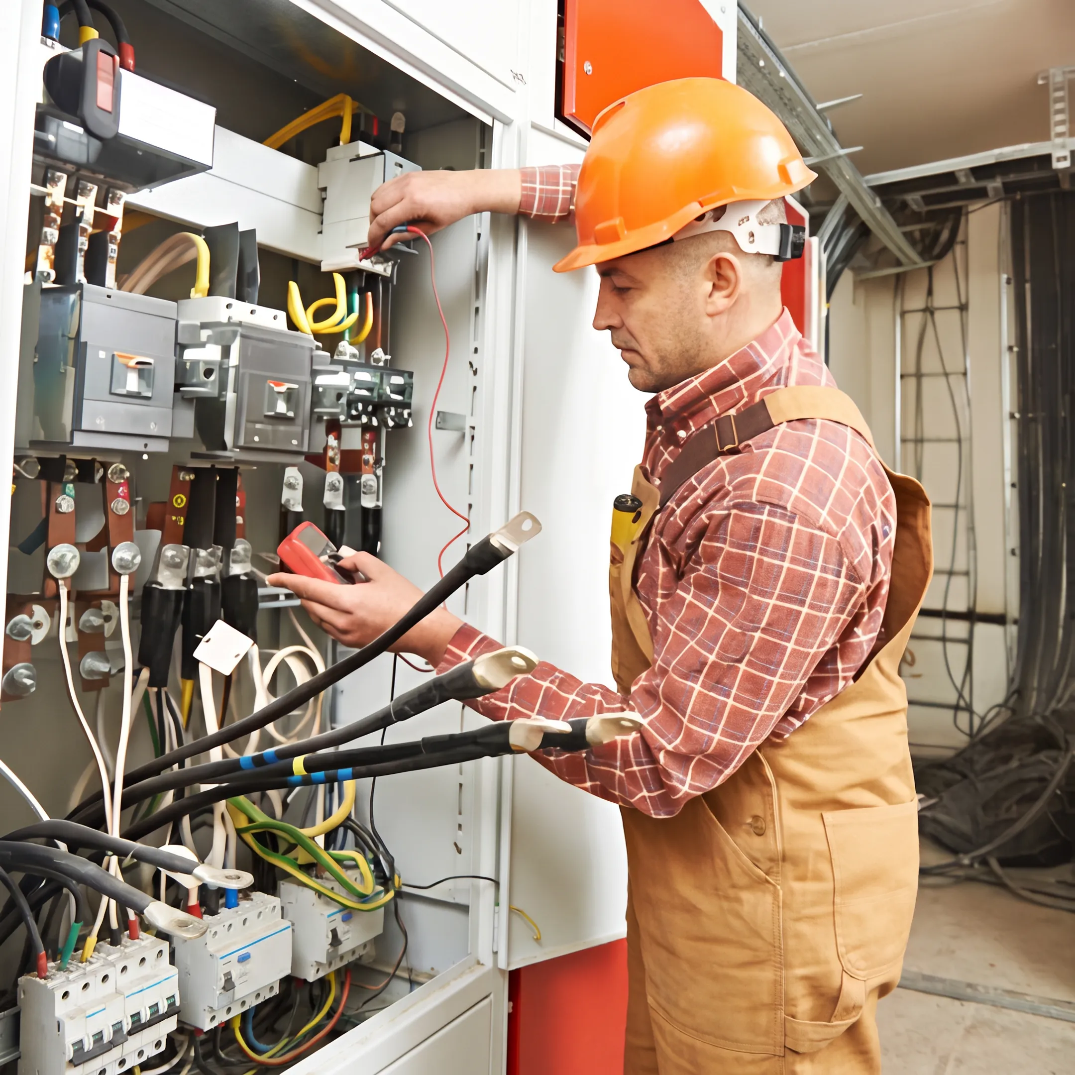 Electrician inspecting a residential electrical panel