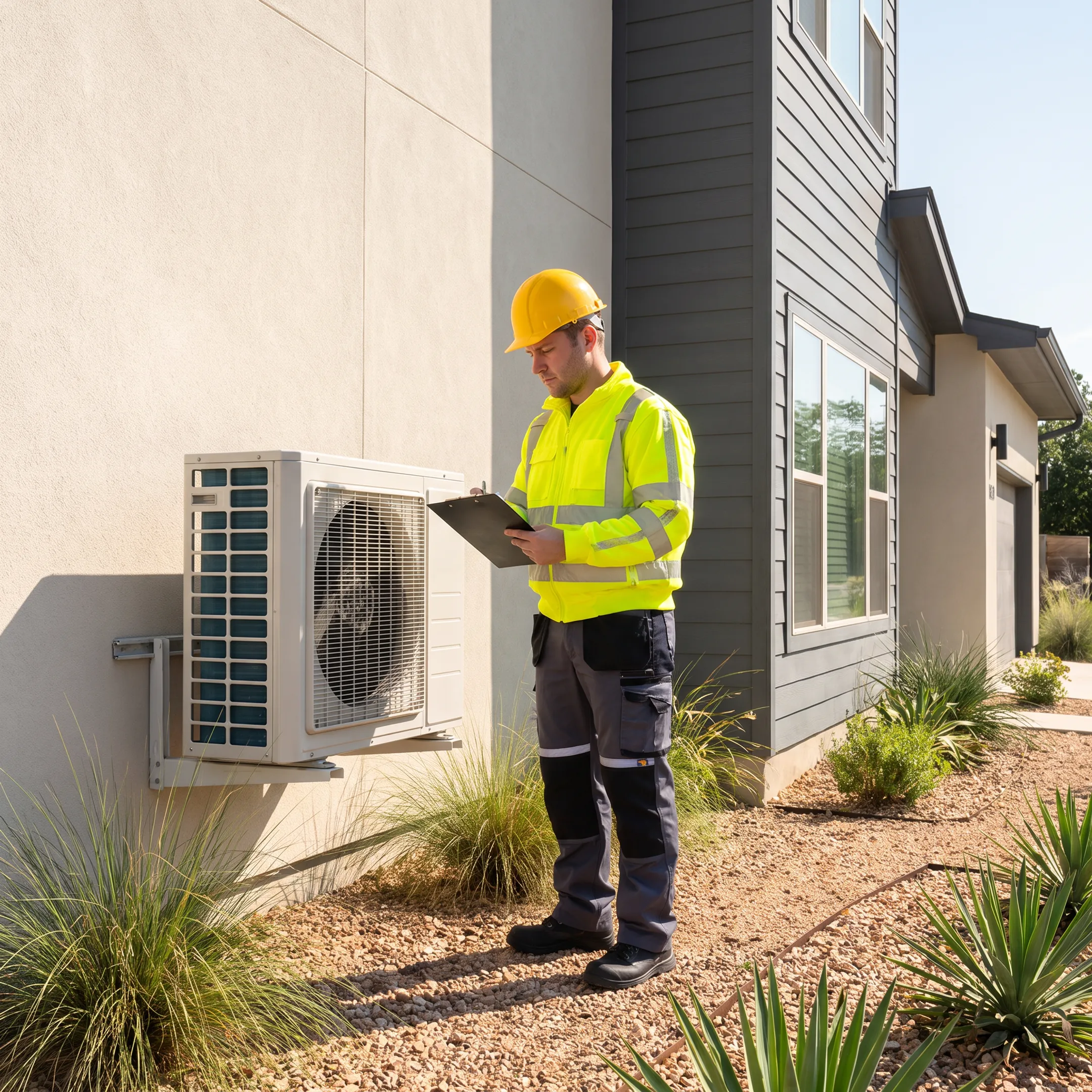 HVAC technician servicing a home air conditioner