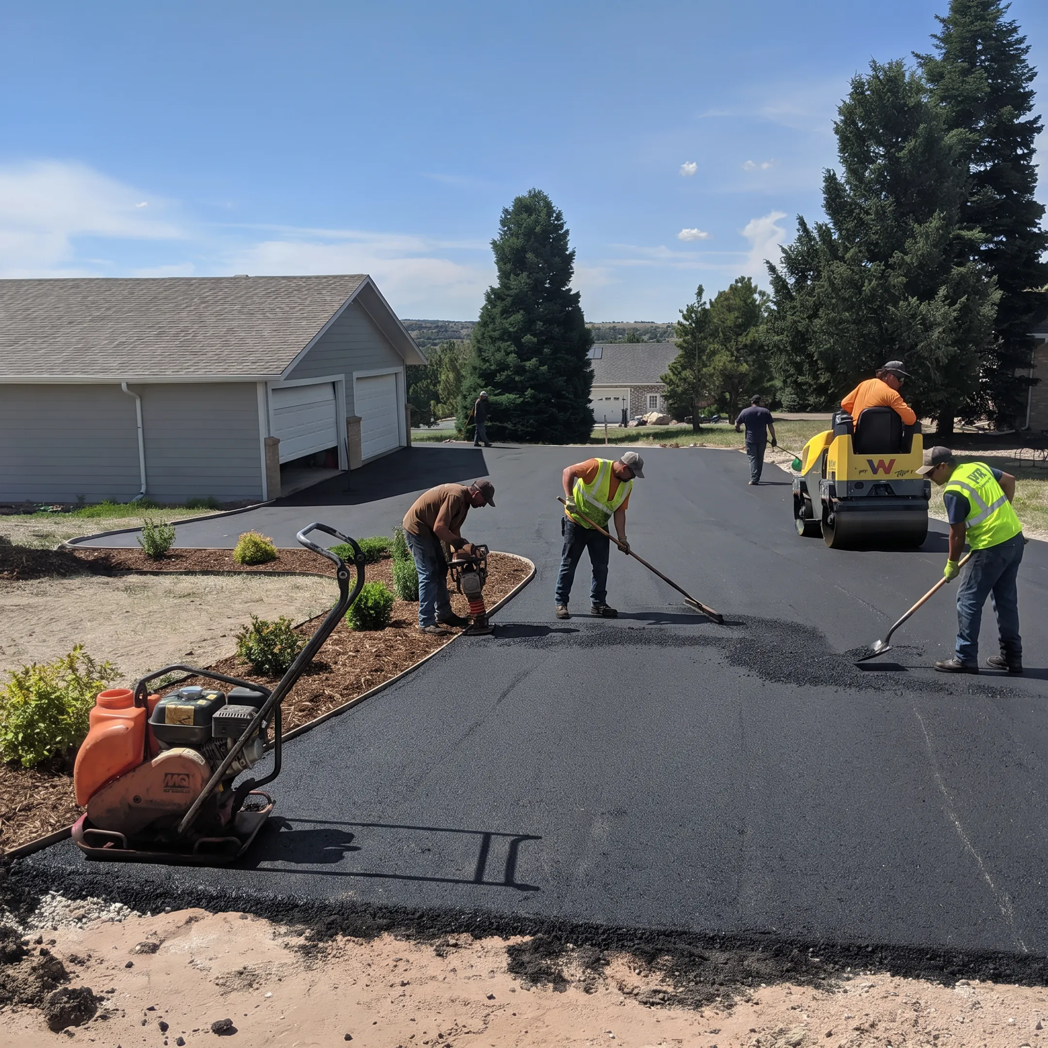 Freshly paved asphalt driveway beside a home
