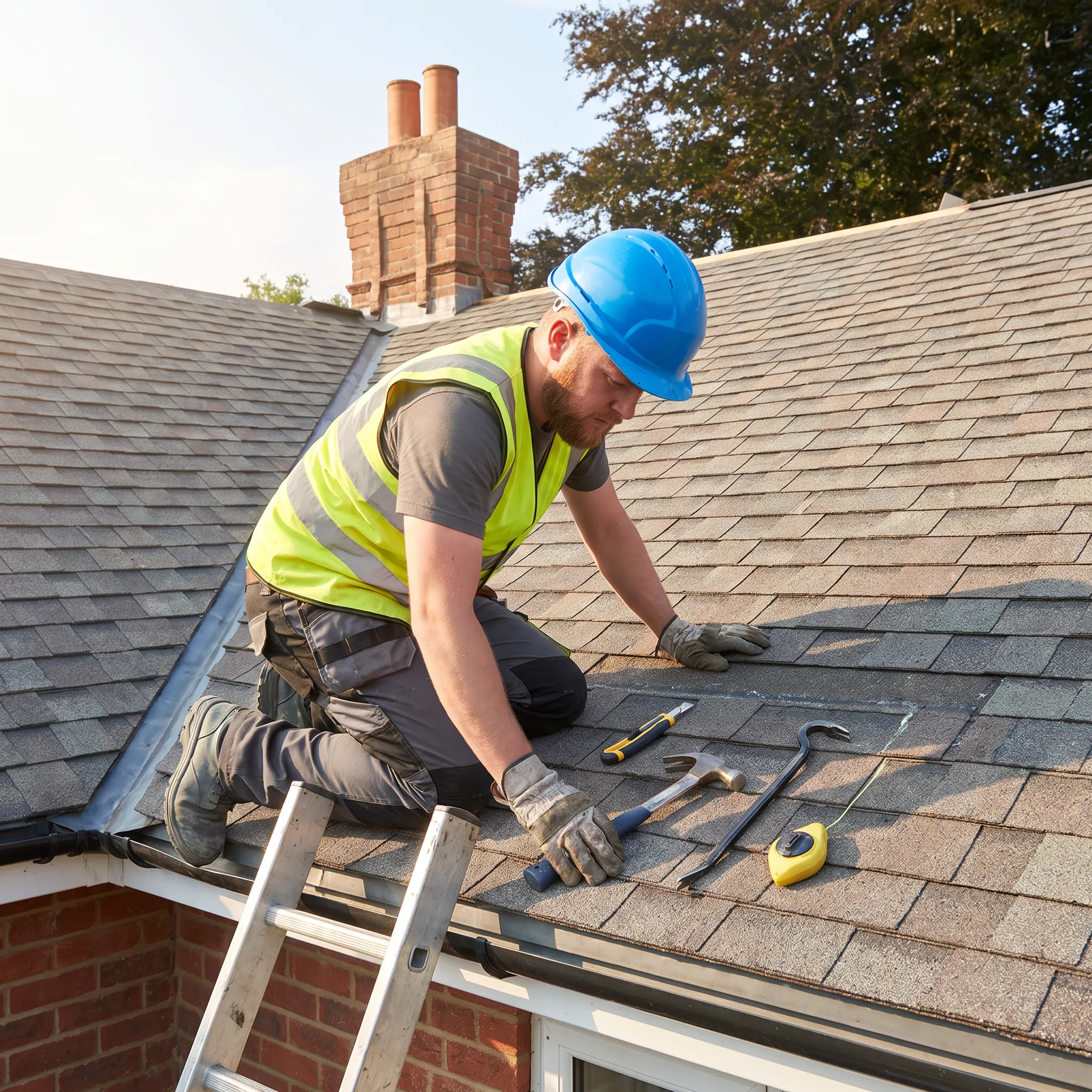 Roofer inspecting a residential roof
