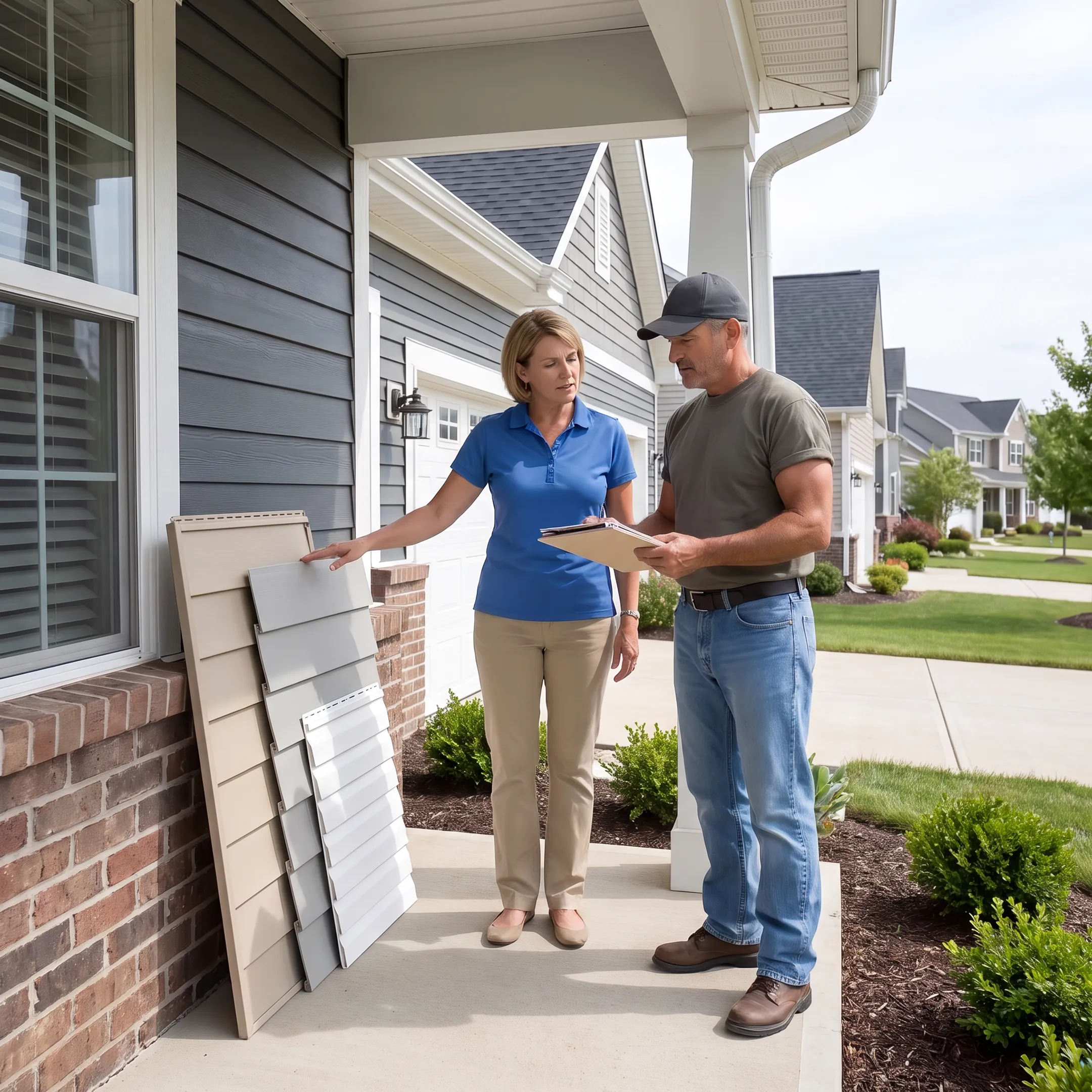 Homeowner discussing siding options with contractor