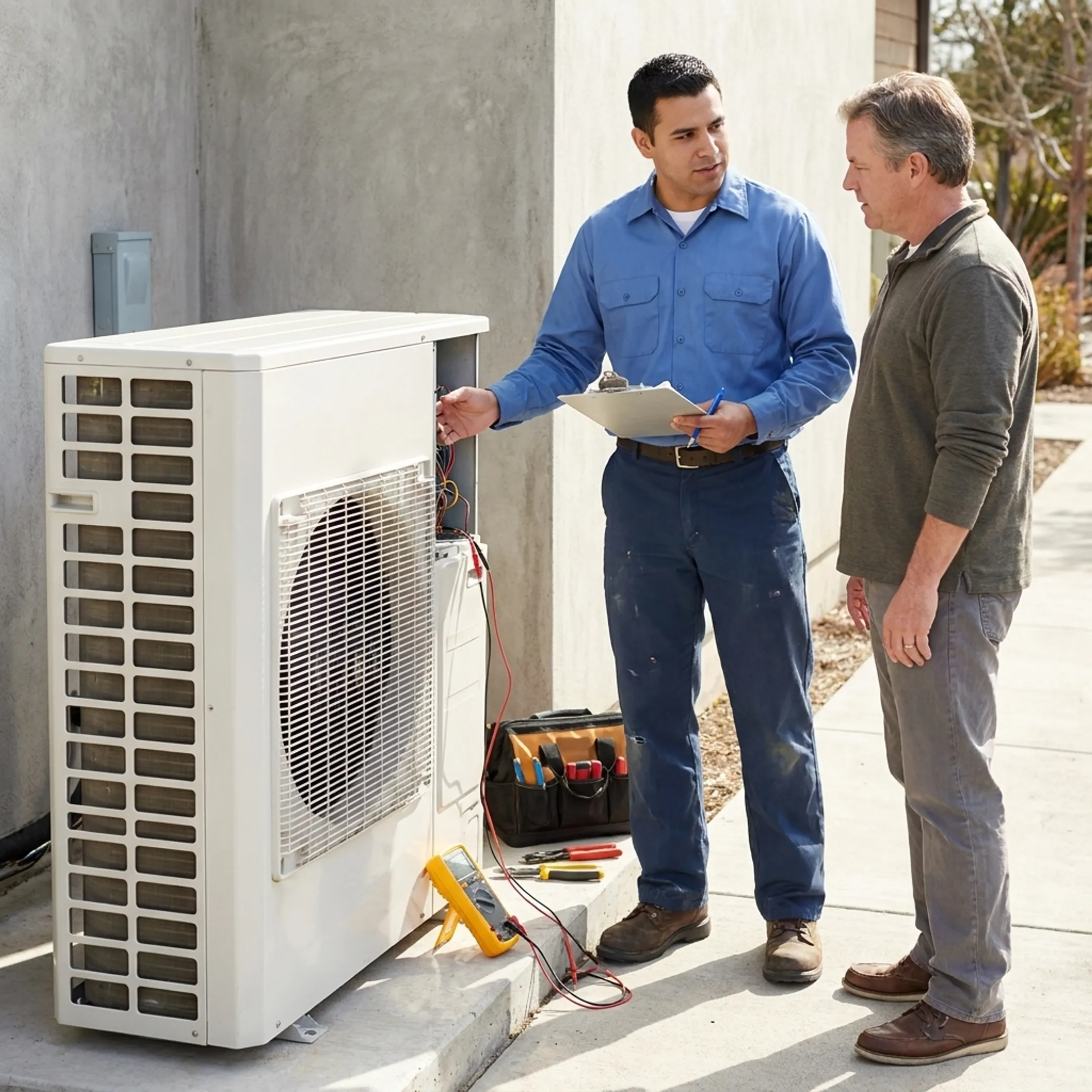 Homeowner discussing AC repair with technician