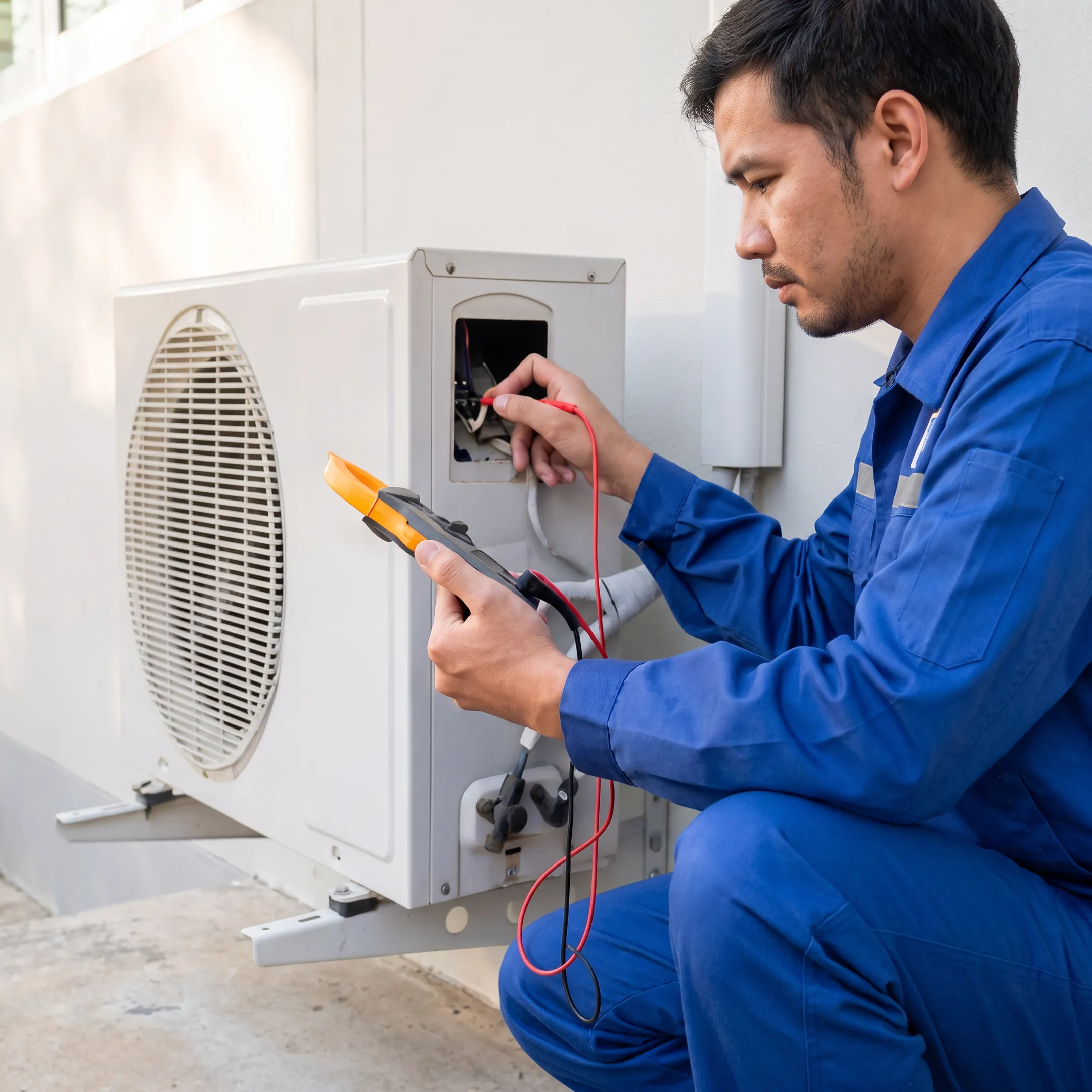 Technician inspecting an outdoor air conditioning unit