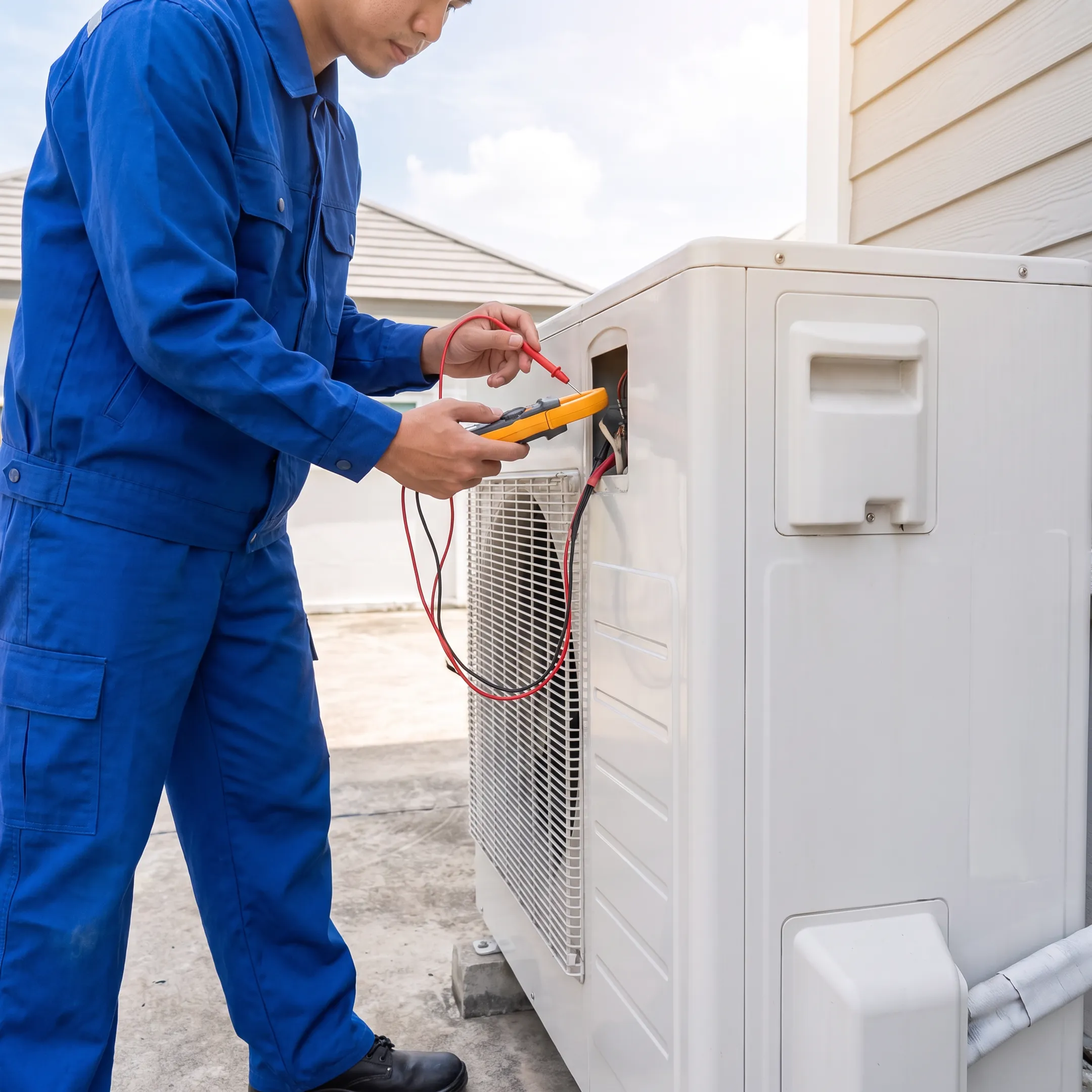 Technician diagnosing an outdoor air conditioner