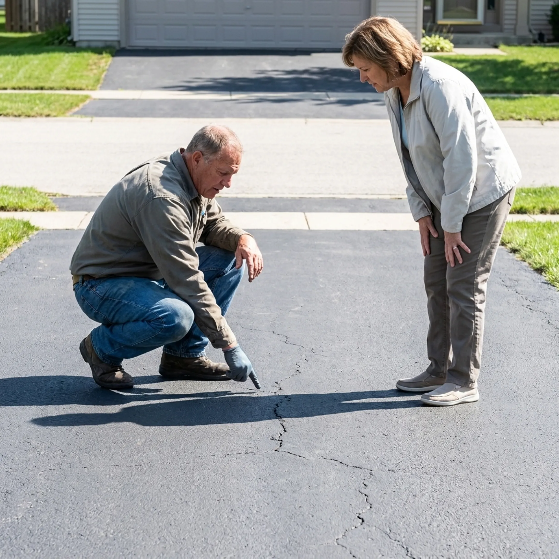 Contractor inspecting an asphalt driveway