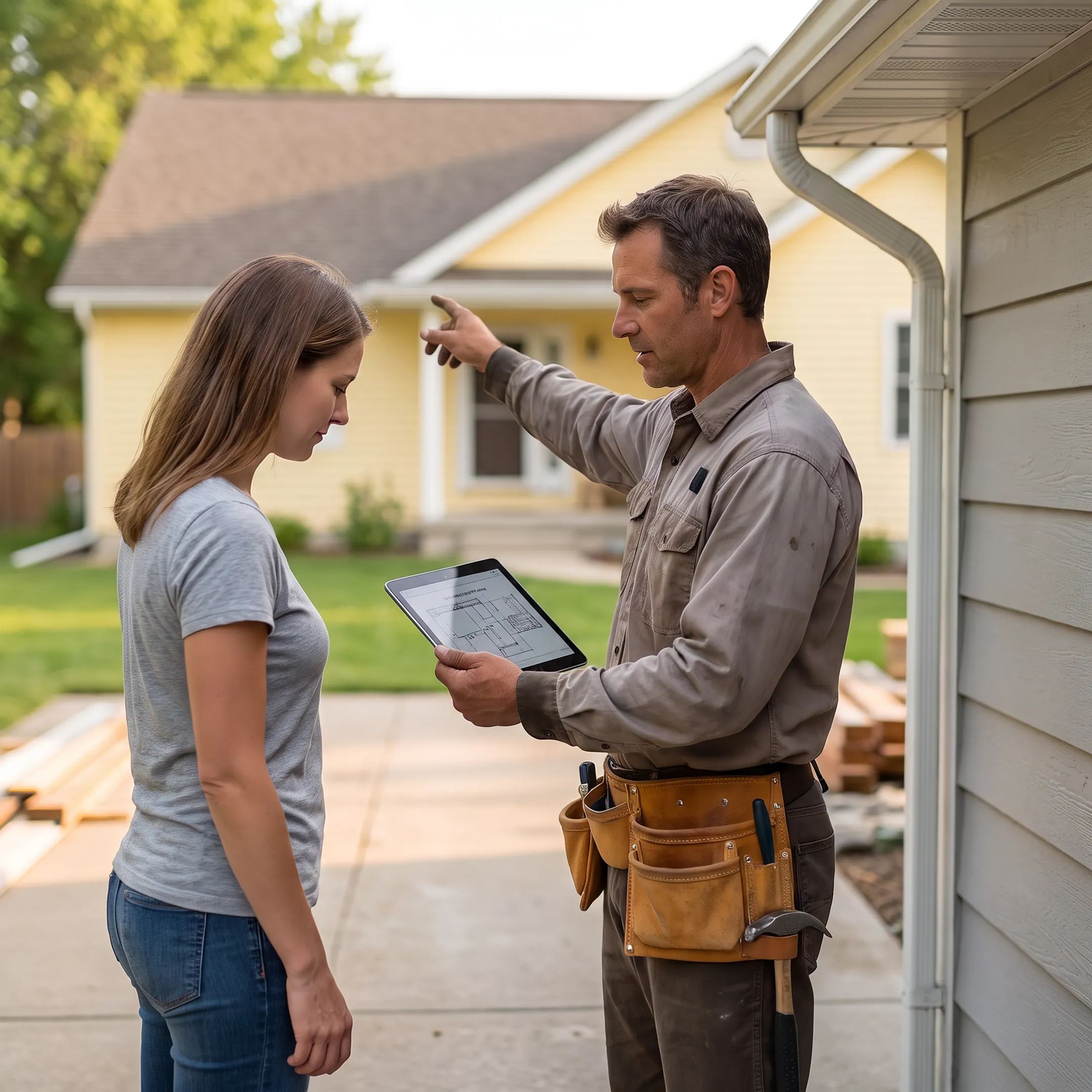 Homeowner discussing gutter replacement with contractor