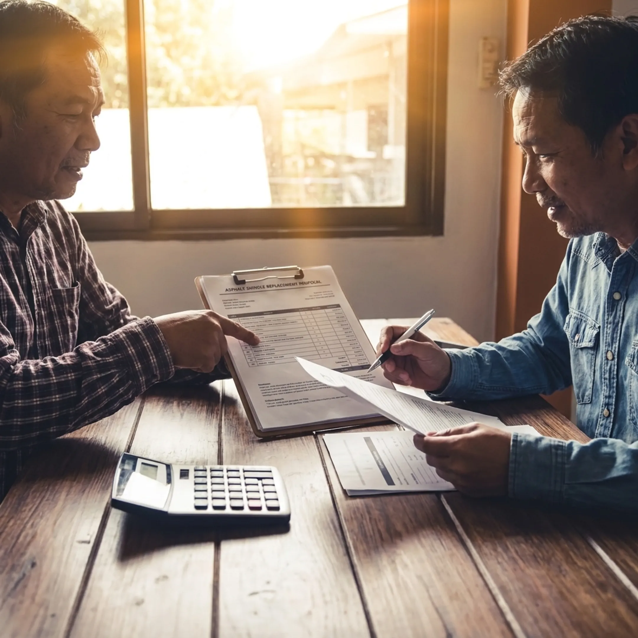 Homeowner reviewing roofing estimates with a contractor