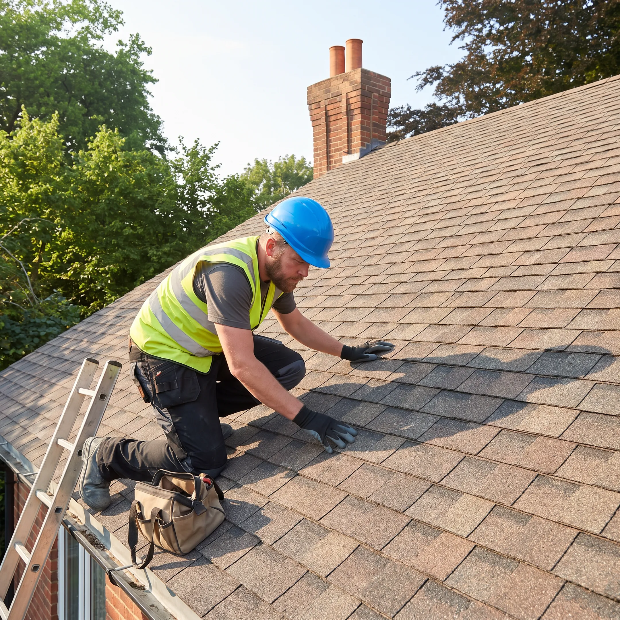 Contractor inspecting an asphalt shingle roof