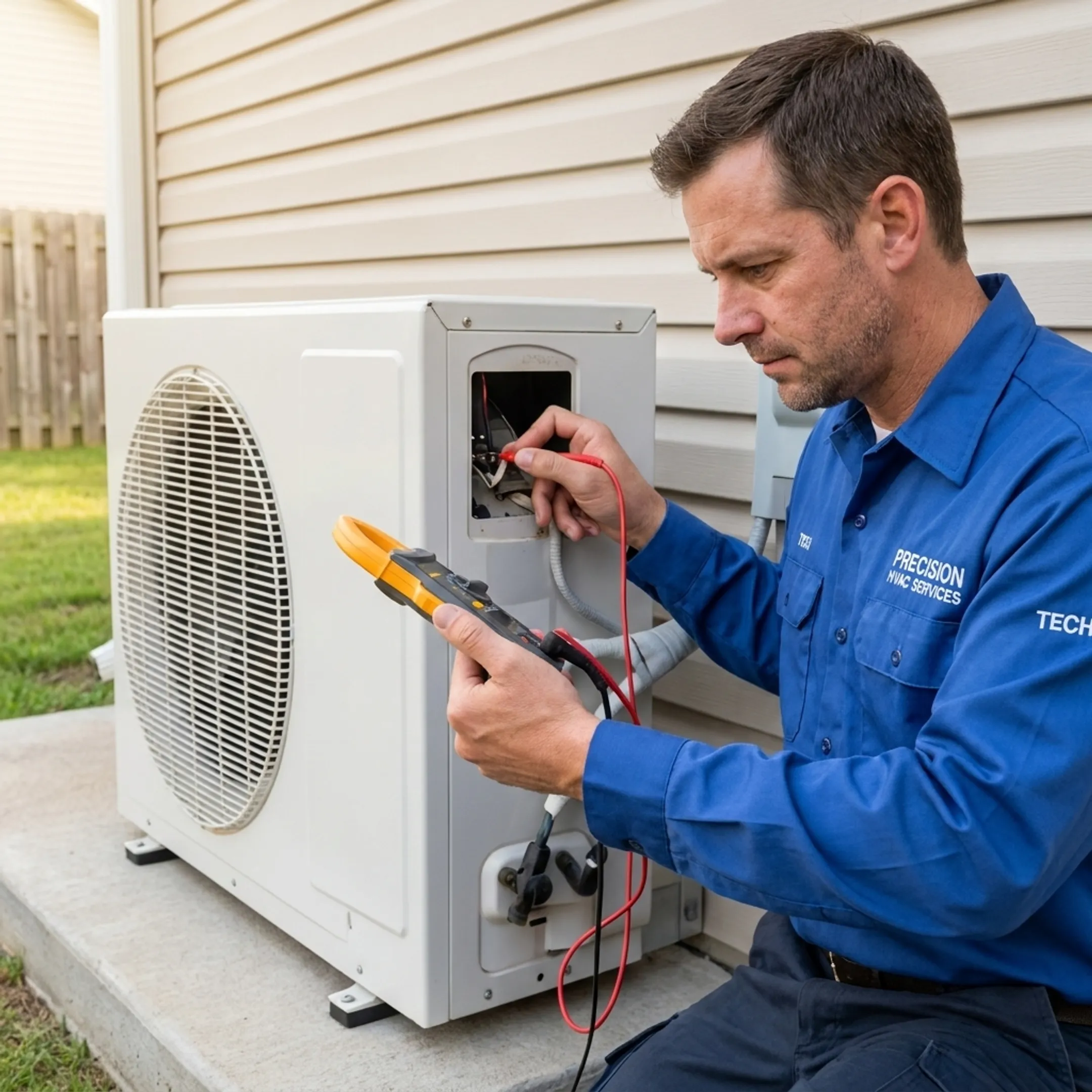 HVAC technician inspecting an outdoor air conditioning unit