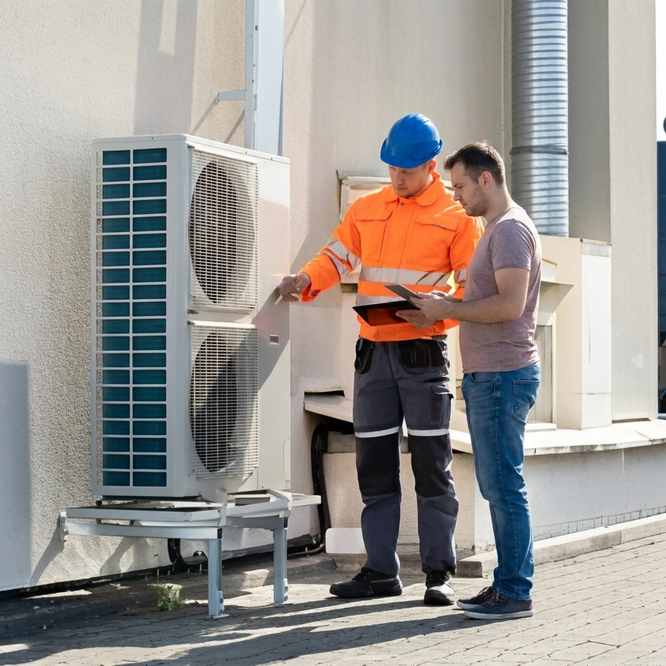 Homeowner discussing mini split repair with technician