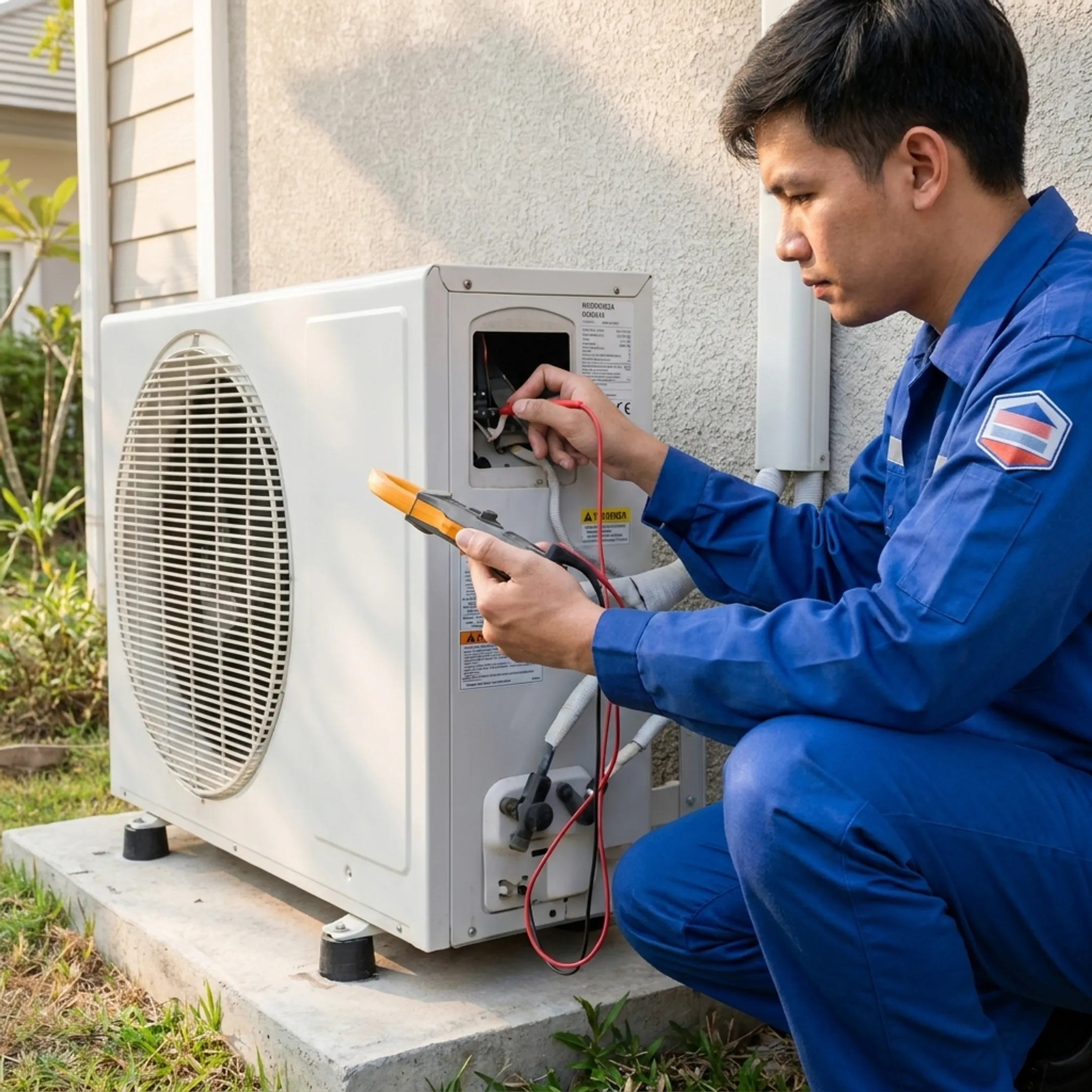 HVAC technician repairing an outdoor air conditioning unit