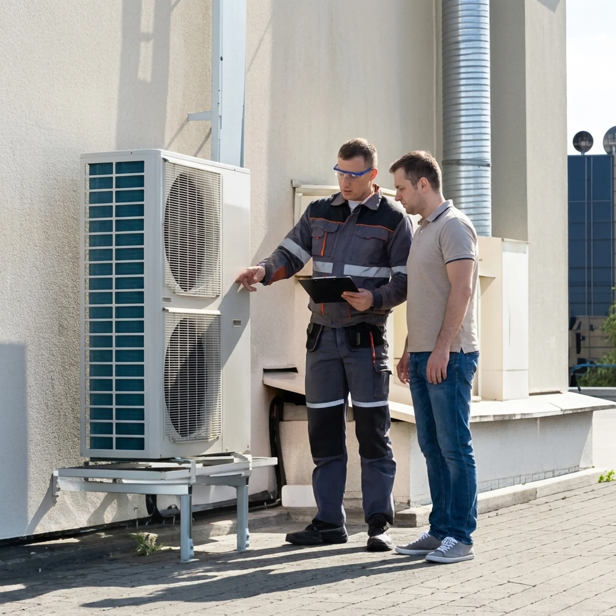 Homeowner discussing AC repair options with an HVAC technician