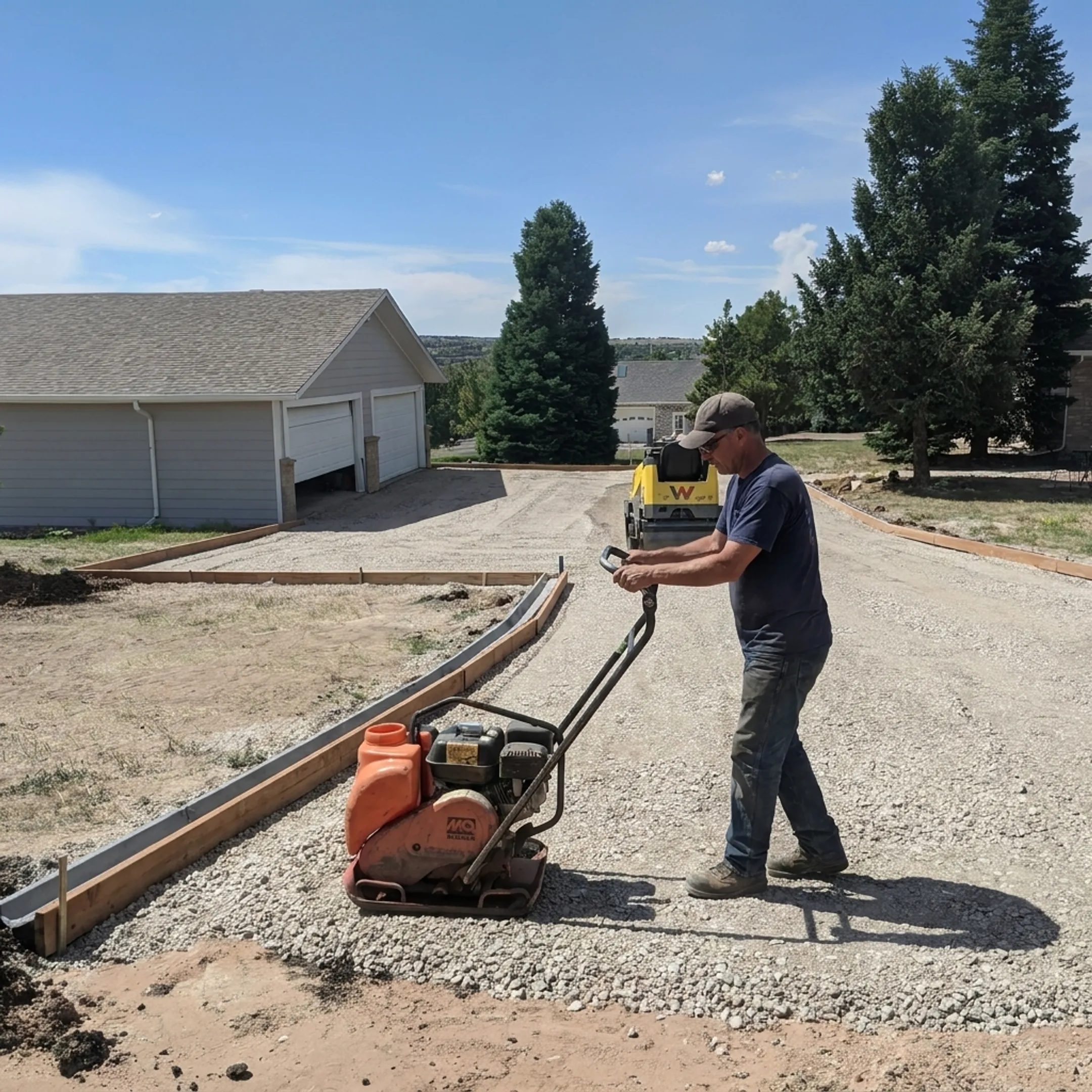 Contractor grading a residential gravel driveway