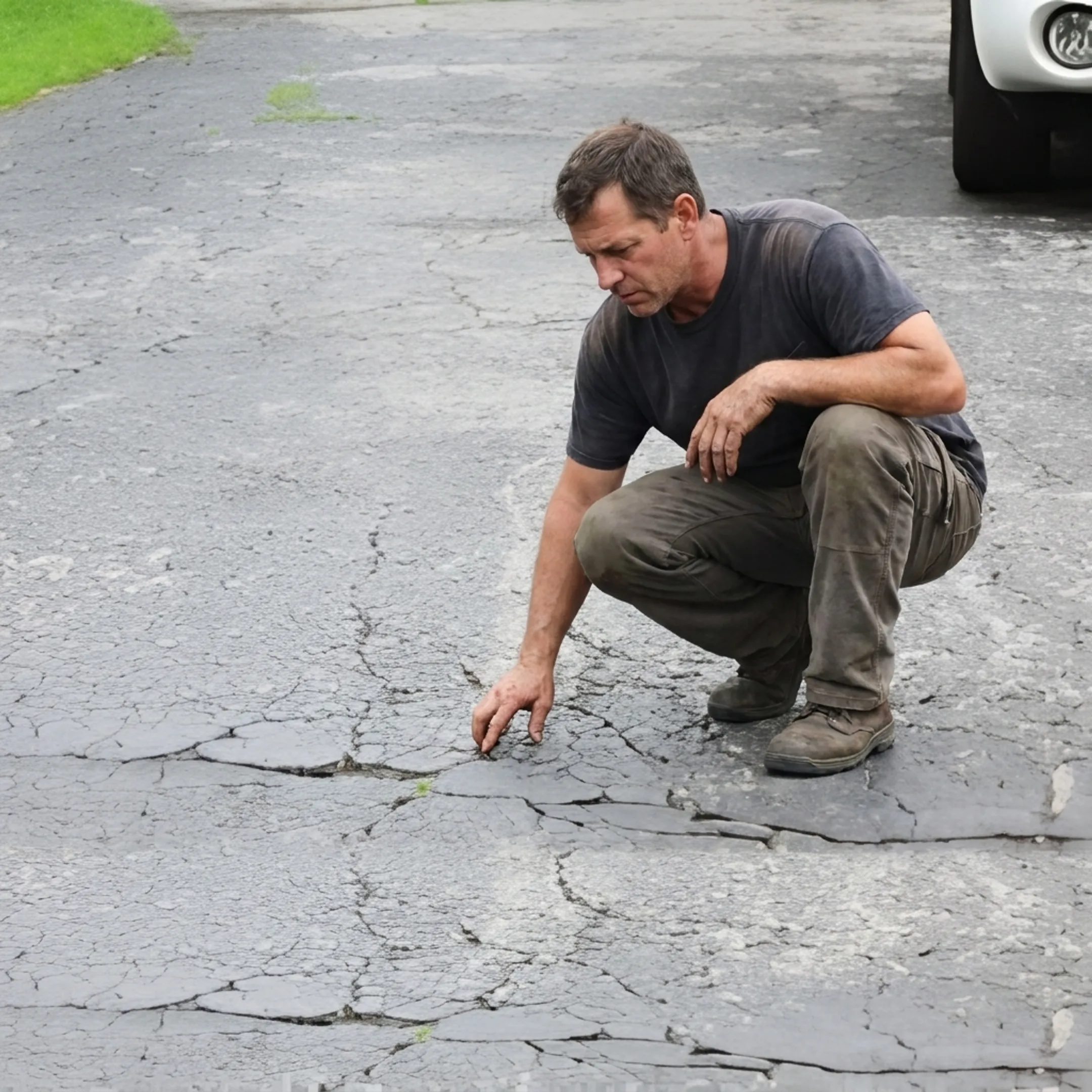 Paving professional inspecting an asphalt driveway