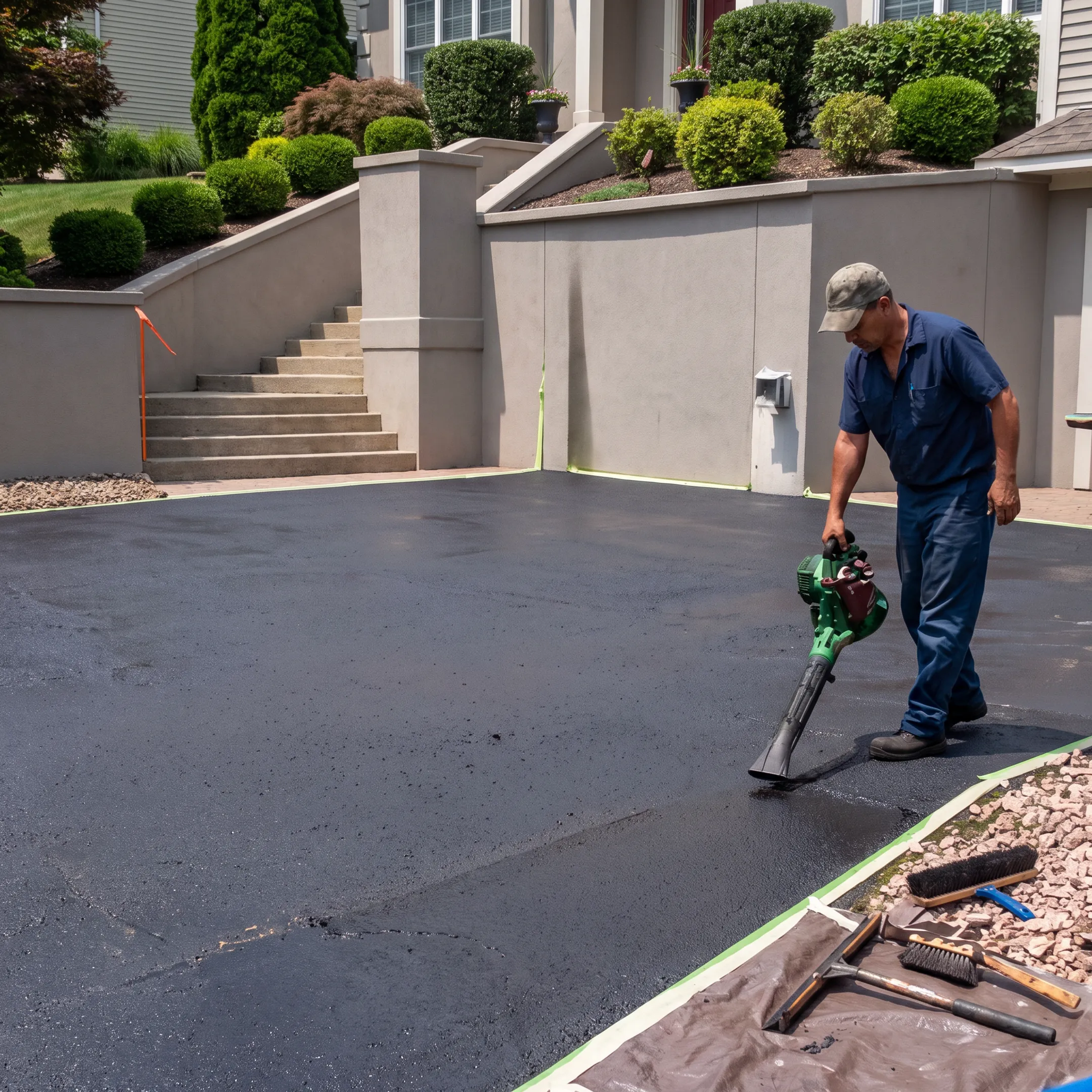 Contractor applying protective coating to an asphalt driveway