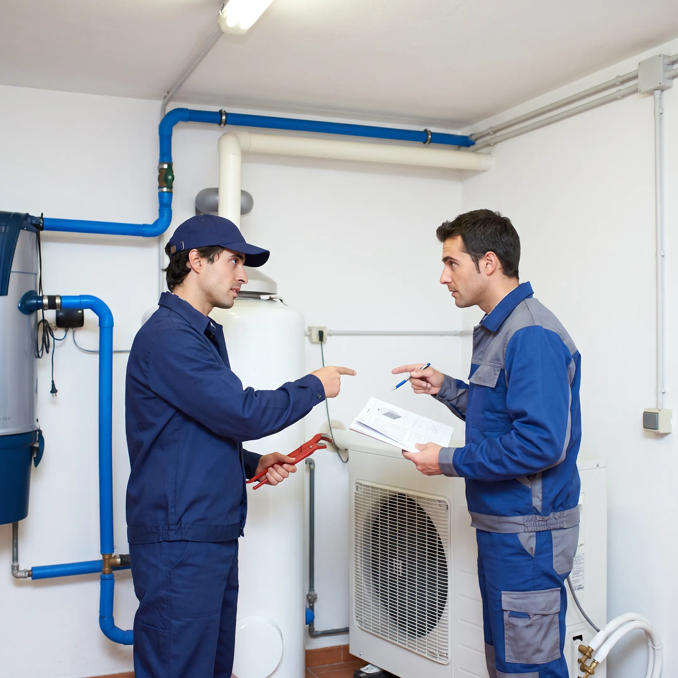 HVAC technician and plumber reviewing home systems