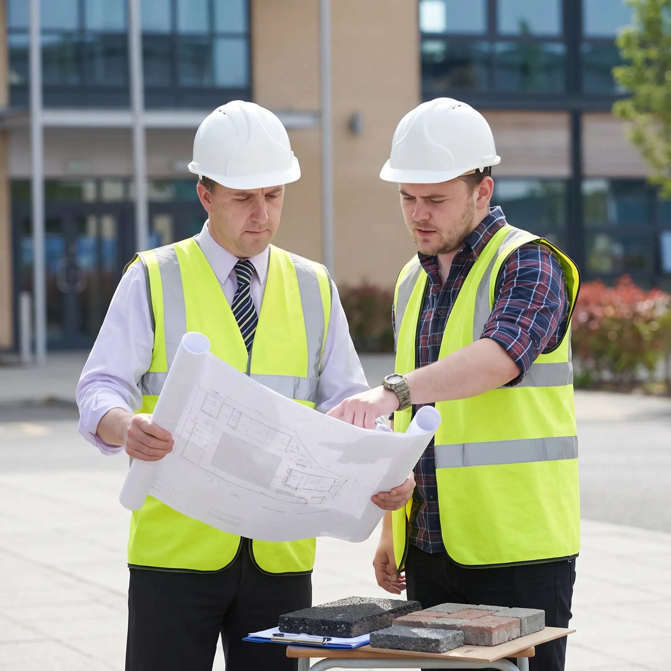 Commercial property manager reviewing asphalt paving plans
