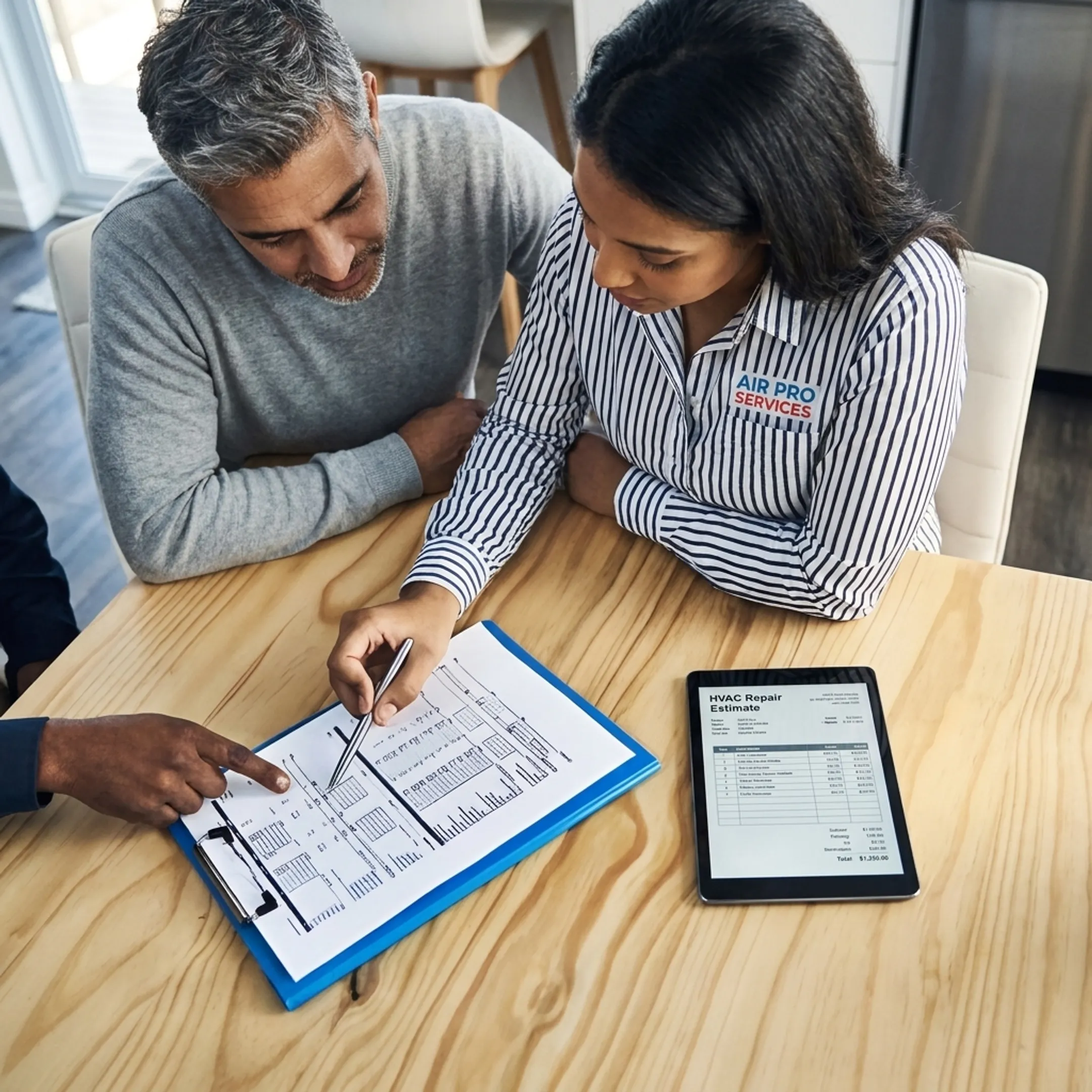 Homeowner reviewing HVAC repair estimate with technician