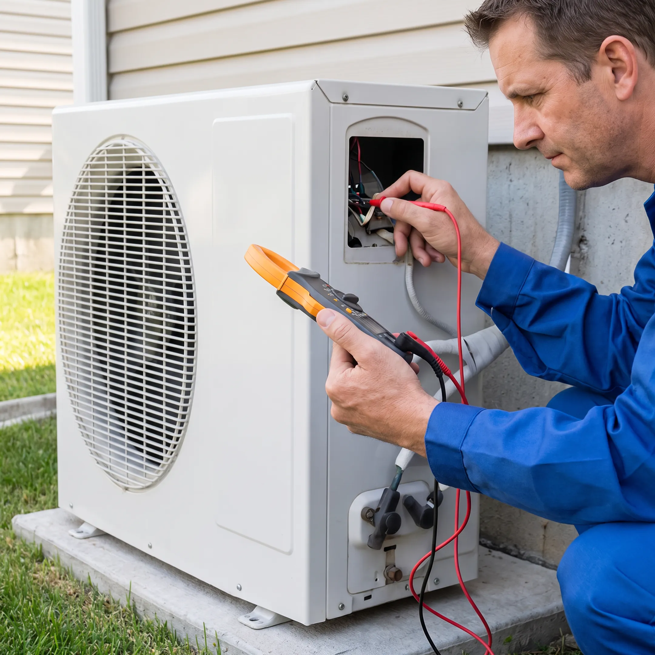 HVAC technician inspecting a residential air conditioner