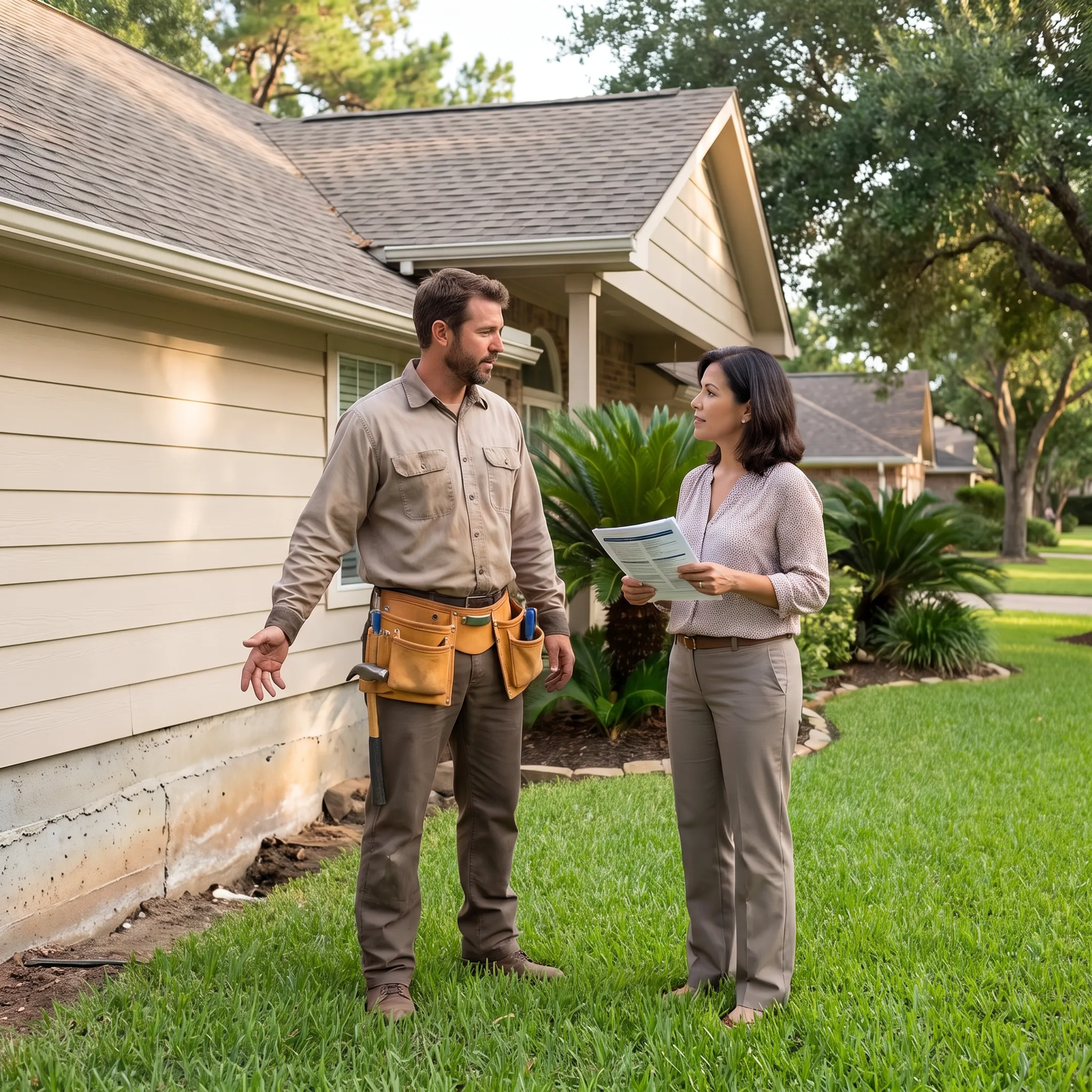 Foundation contractor reviewing repair options with a Houston homeowner