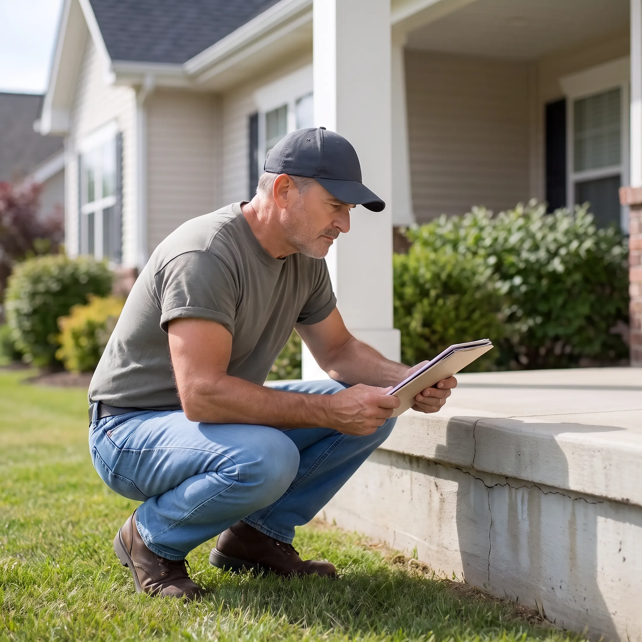 Professional assessing foundation and basement conditions