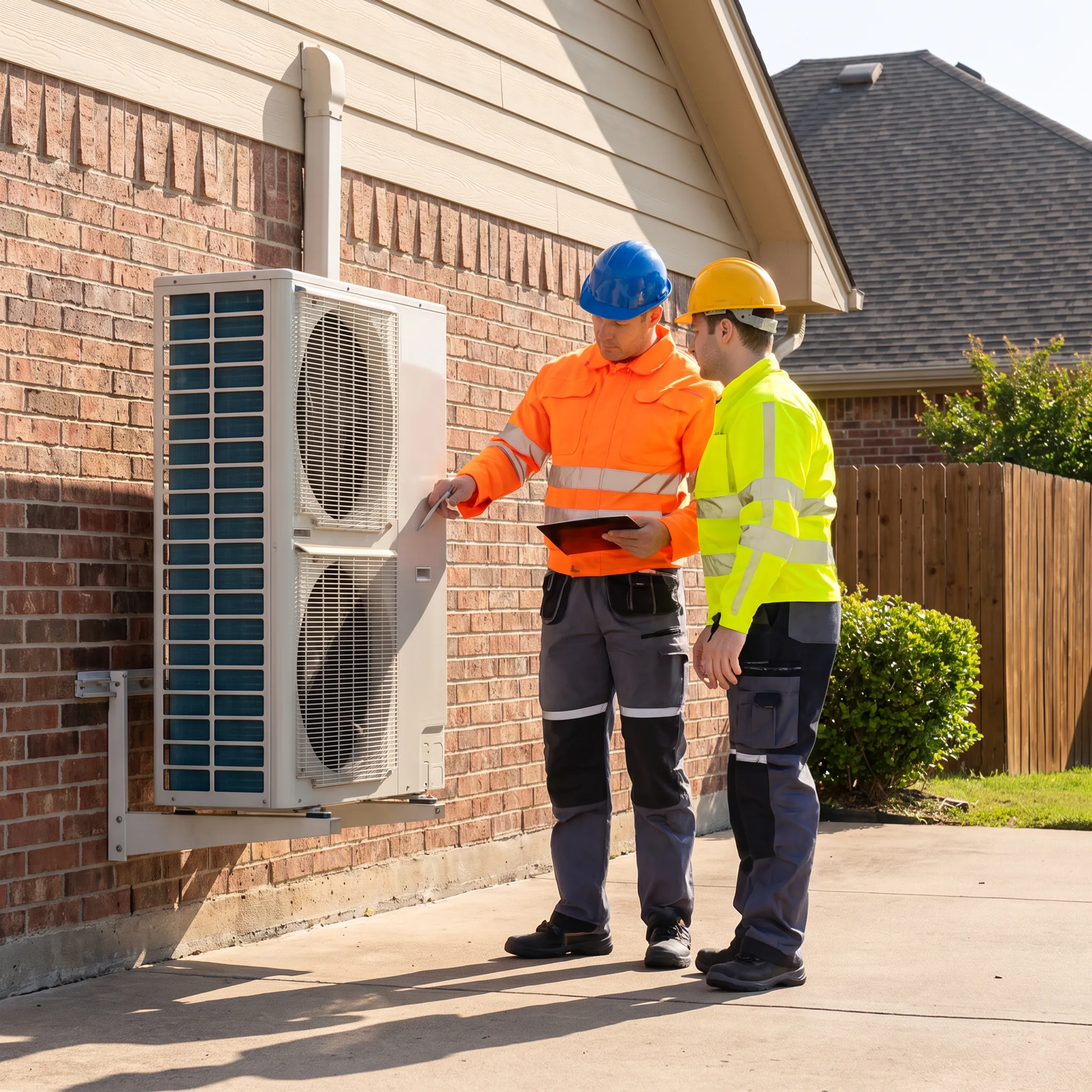 HVAC technician inspecting an air conditioning system in a Dallas home